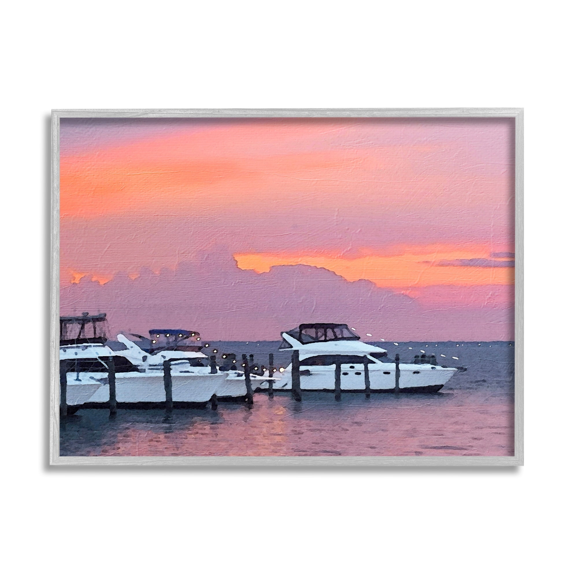 Stupell Industries Boat Harbor Pink Sunset Landscape Coastal Photography Gray Framed Art Print Wall Art