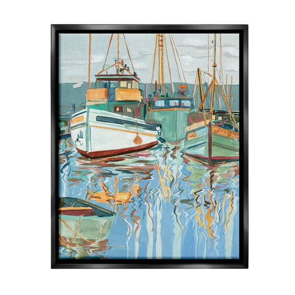 Stupell Industries Boat Harbor Reflections Transportation Painting Black Floater Framed Canvas Art Print Wall Art, 17 x 21