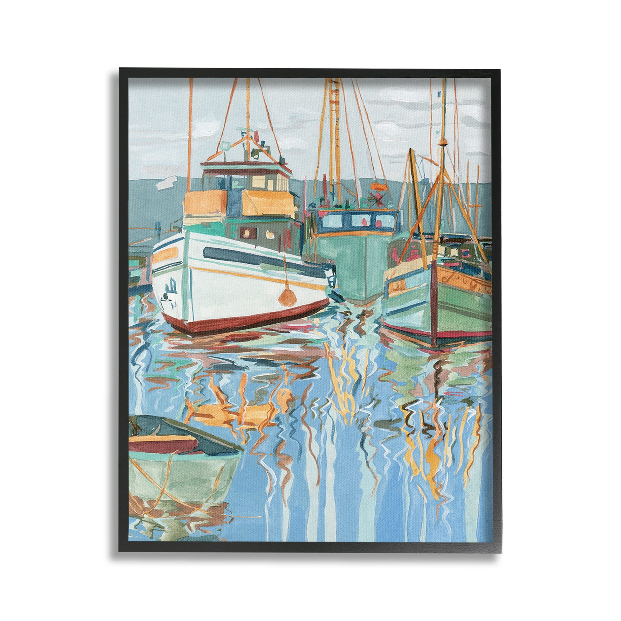 Stupell Industries Boat Harbor Reflections Transportation Painting Black Framed Art Print Wall Art, 24 x 30