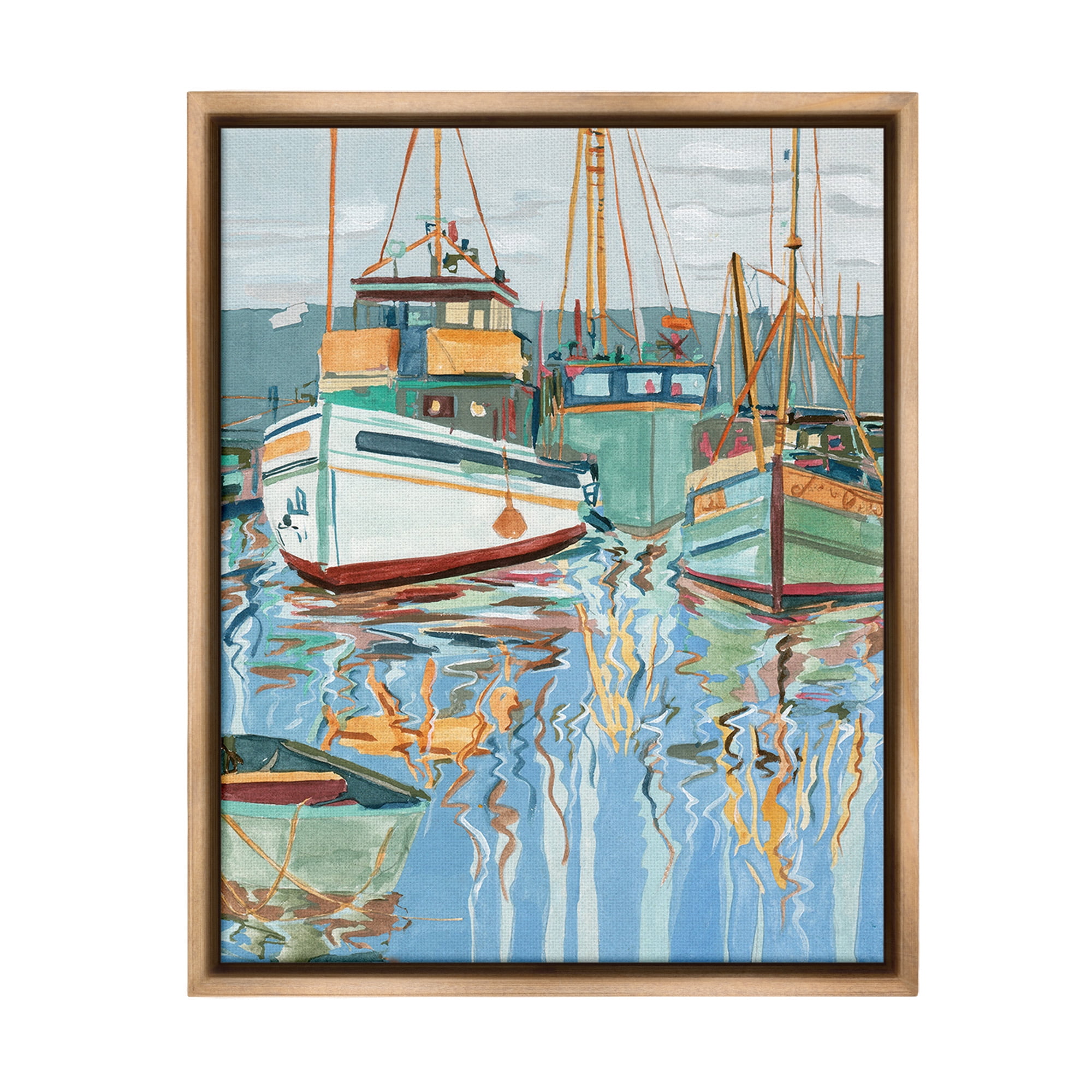 Stupell Industries Boat Harbor Reflections Transportation Painting Brown Floater Framed Canvas Art Print Wall Art, 25 x 31
