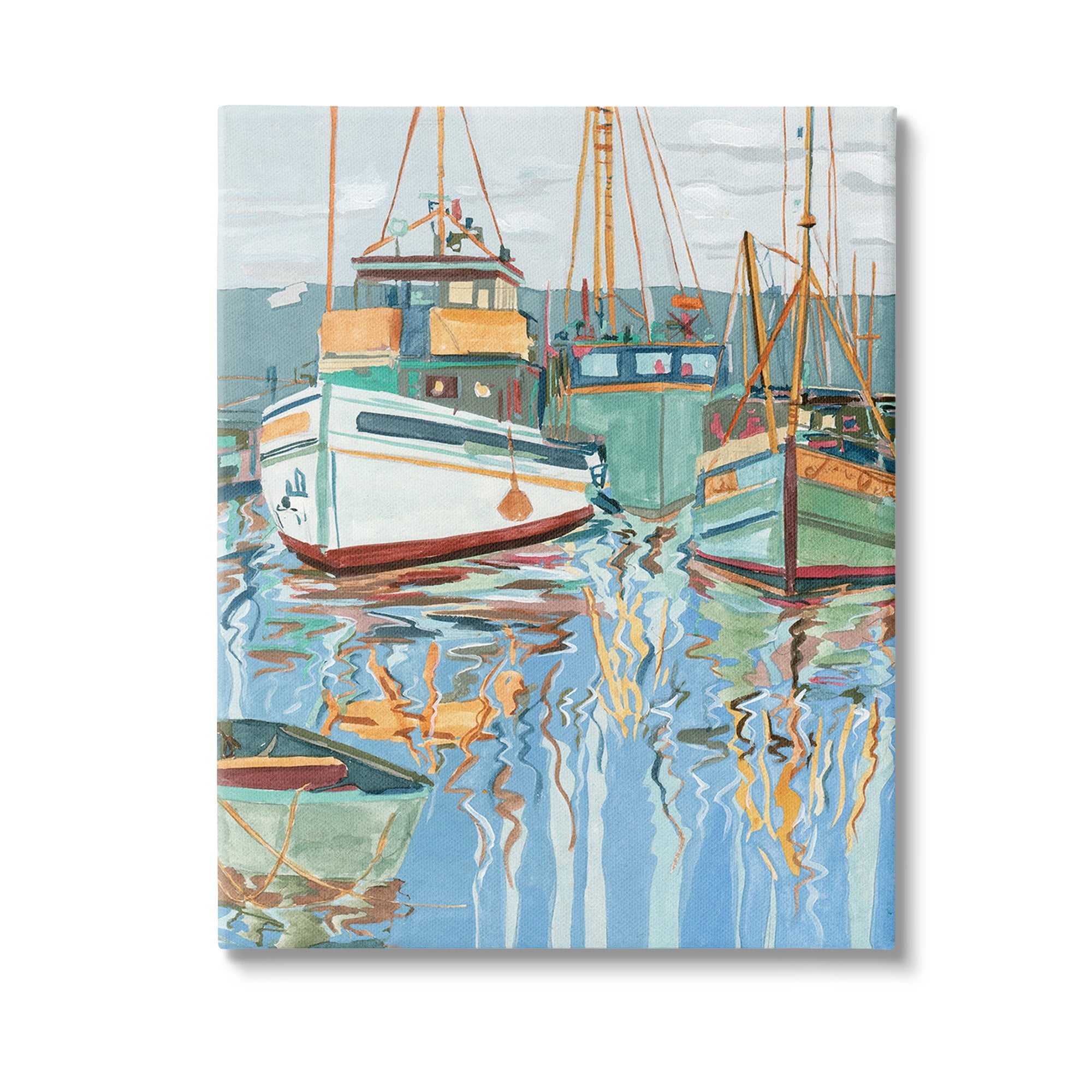 Stupell Industries Boat Harbor Reflections Transportation Painting Gallery Wrapped Canvas Art Print Wall Art, 24 x 30