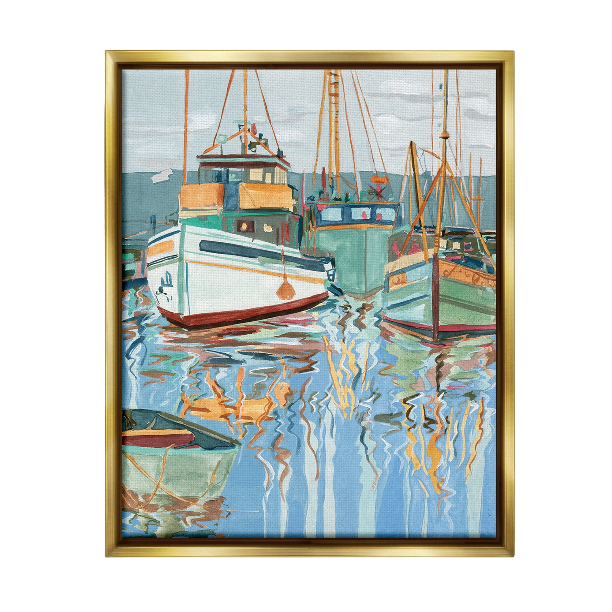 Stupell Industries Boat Harbor Reflections Transportation Painting Gold Floater Framed Canvas Art Print Wall Art, 25 x 31