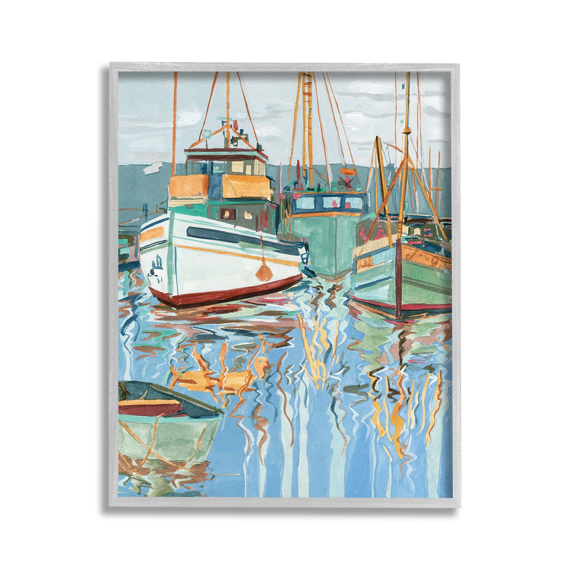 Stupell Industries Boat Harbor Reflections Transportation Painting Gray Framed Art Print Wall Art, 11 x 14