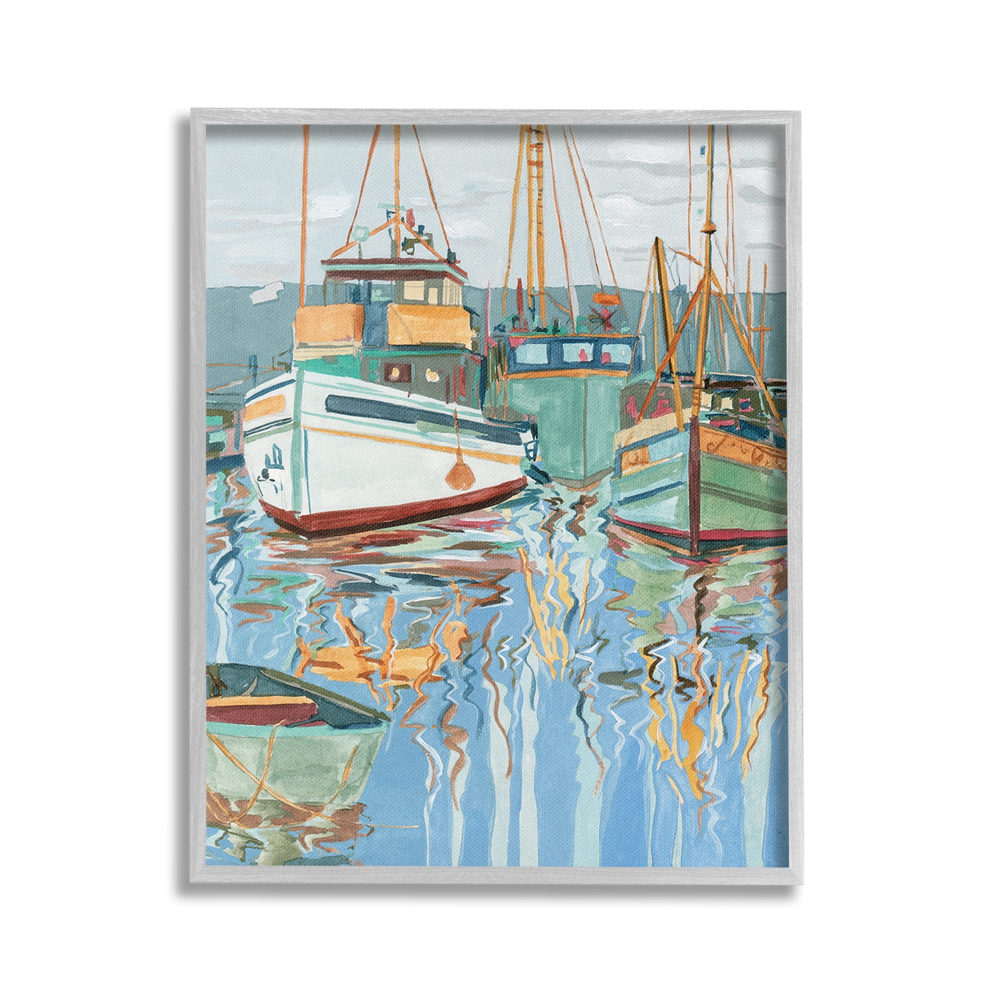 Stupell Industries Boat Harbor Reflections Transportation Painting Gray Framed Art Print Wall Art, 24 x 30