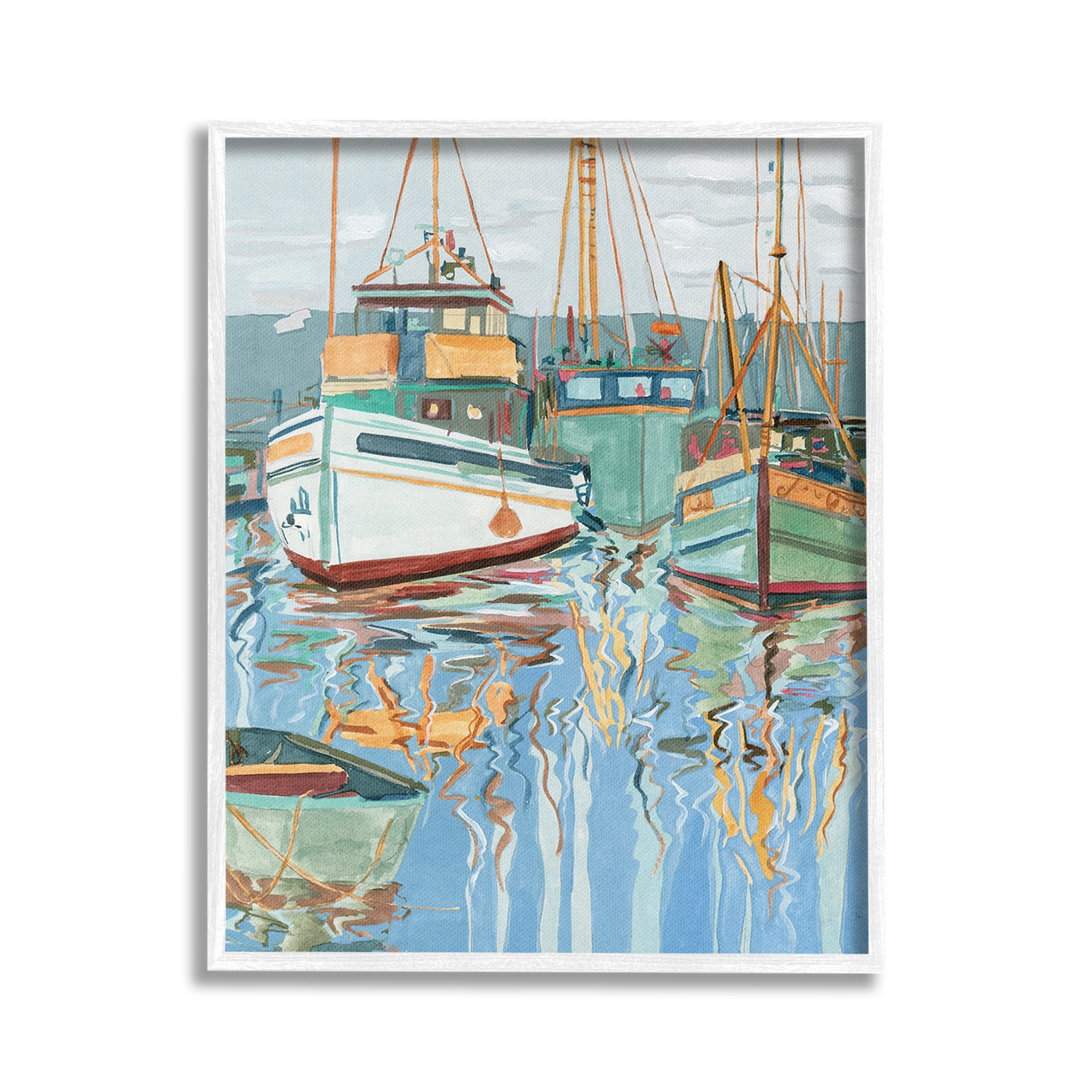 Stupell Industries Boat Harbor Reflections Transportation Painting White Framed Art Print Wall Art, 16 x 20