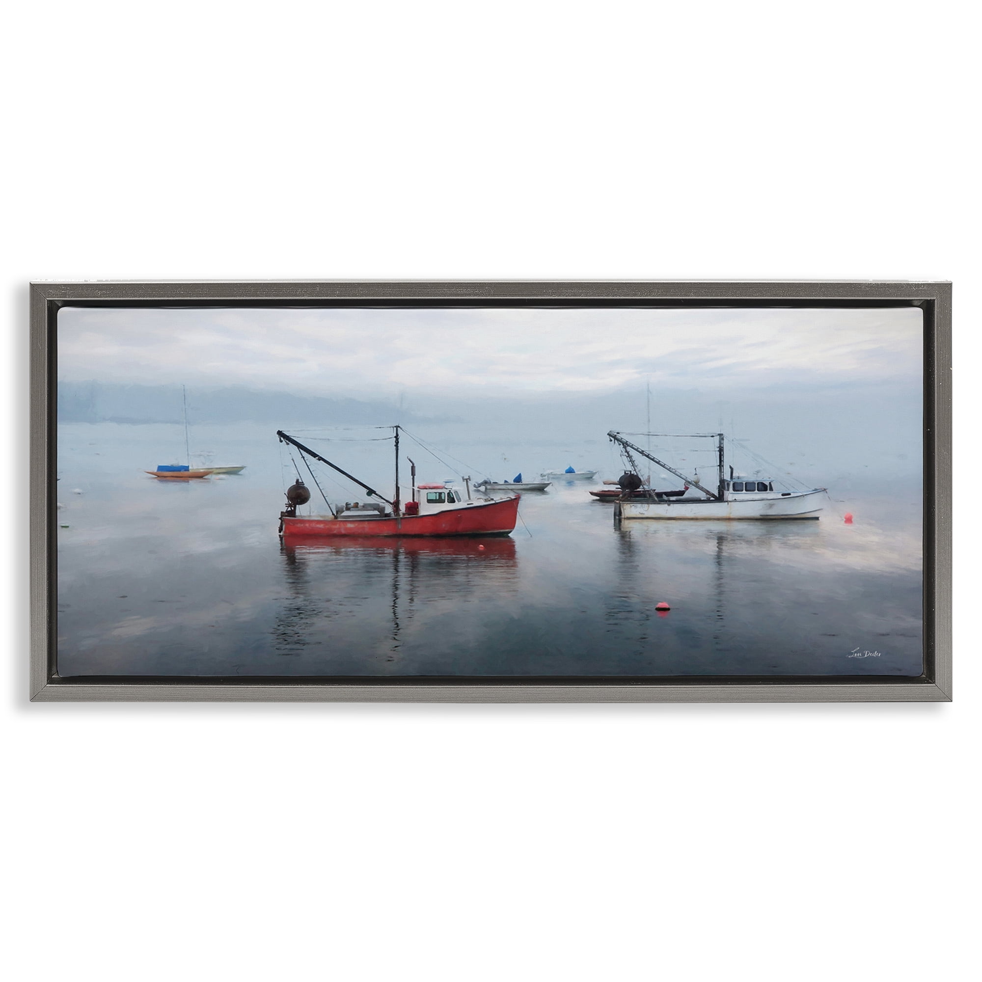 Stupell Industries Boat Harbor Seascape Nautical & Beach Photography Gray Floater Framed Canvas Art Print Wall Art, 25 x 11