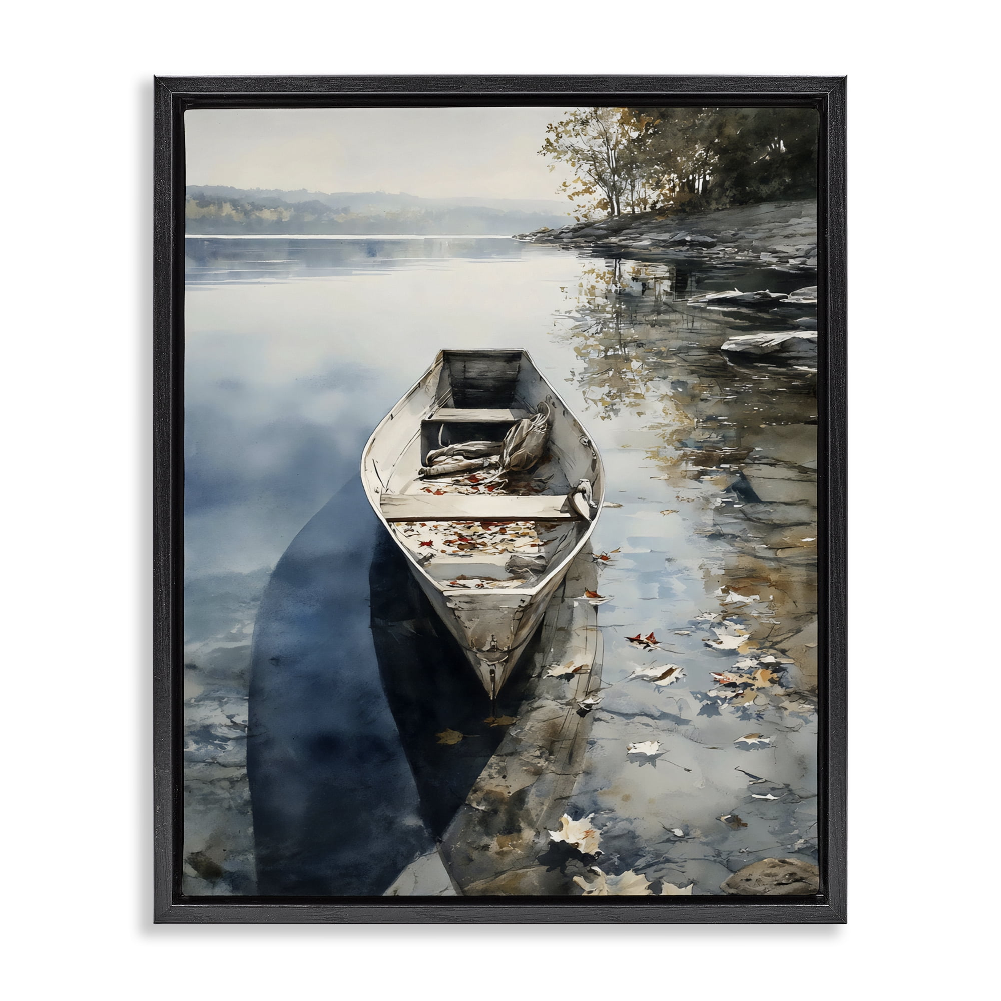Stupell Industries Boat In The Fall Reflection Black Framed Floater Canvas Wall Art, design by Franklyn Gregory