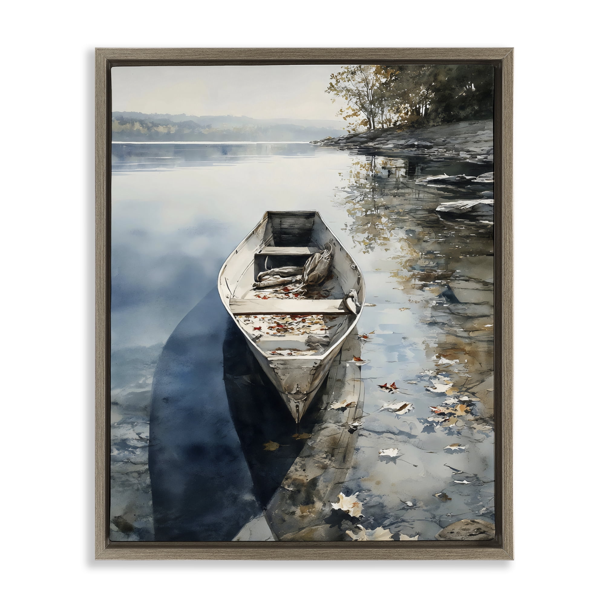 Stupell Industries Boat In The Fall Reflection Brown Framed Floater Canvas Wall Art, design by Franklyn Gregory