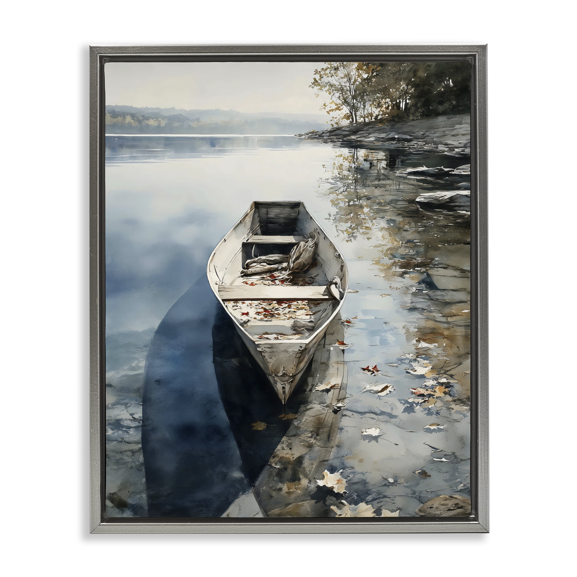 Stupell Industries Boat In The Fall Reflection Gray Framed Floater Canvas Wall Art, design by Franklyn Gregory
