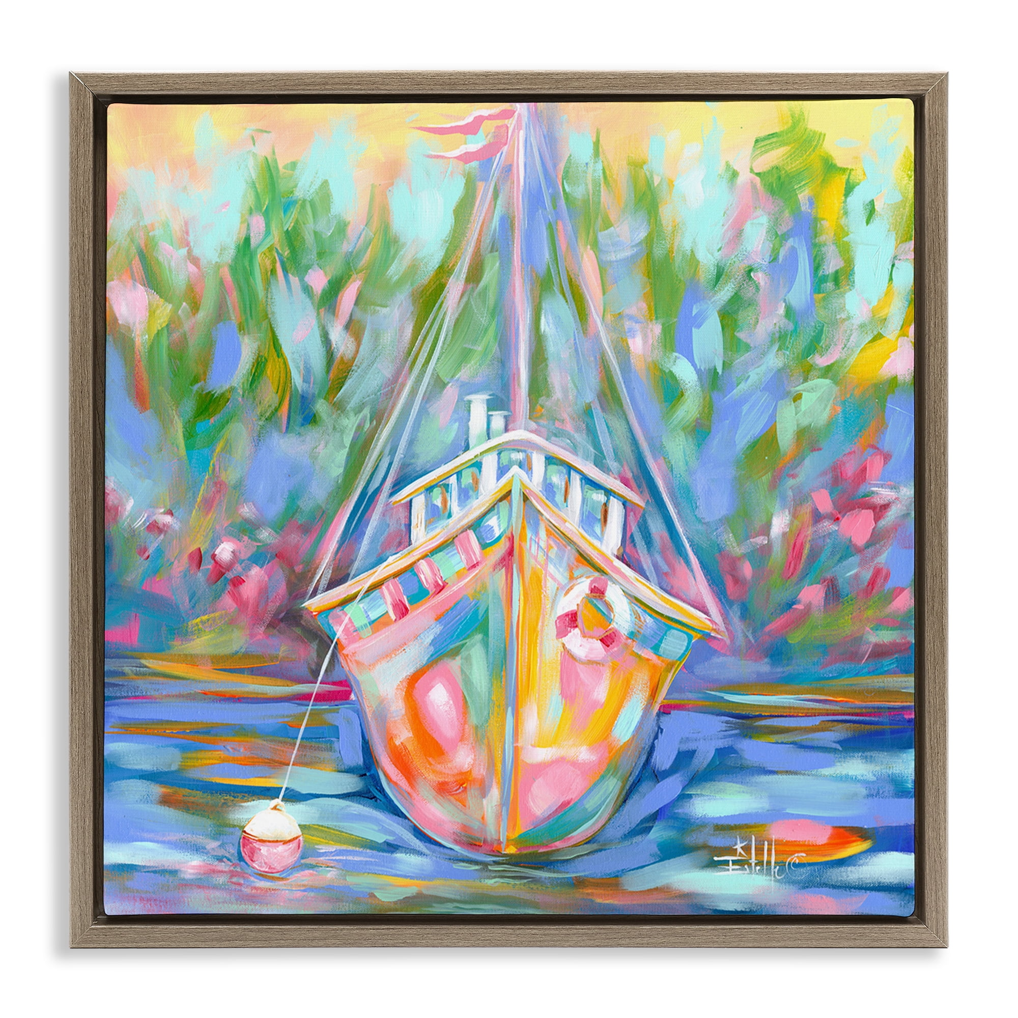 Stupell Industries Boat In Waiting Transportation Painting Brown Floater Framed Canvas Art Print Wall Art, 18 x 18