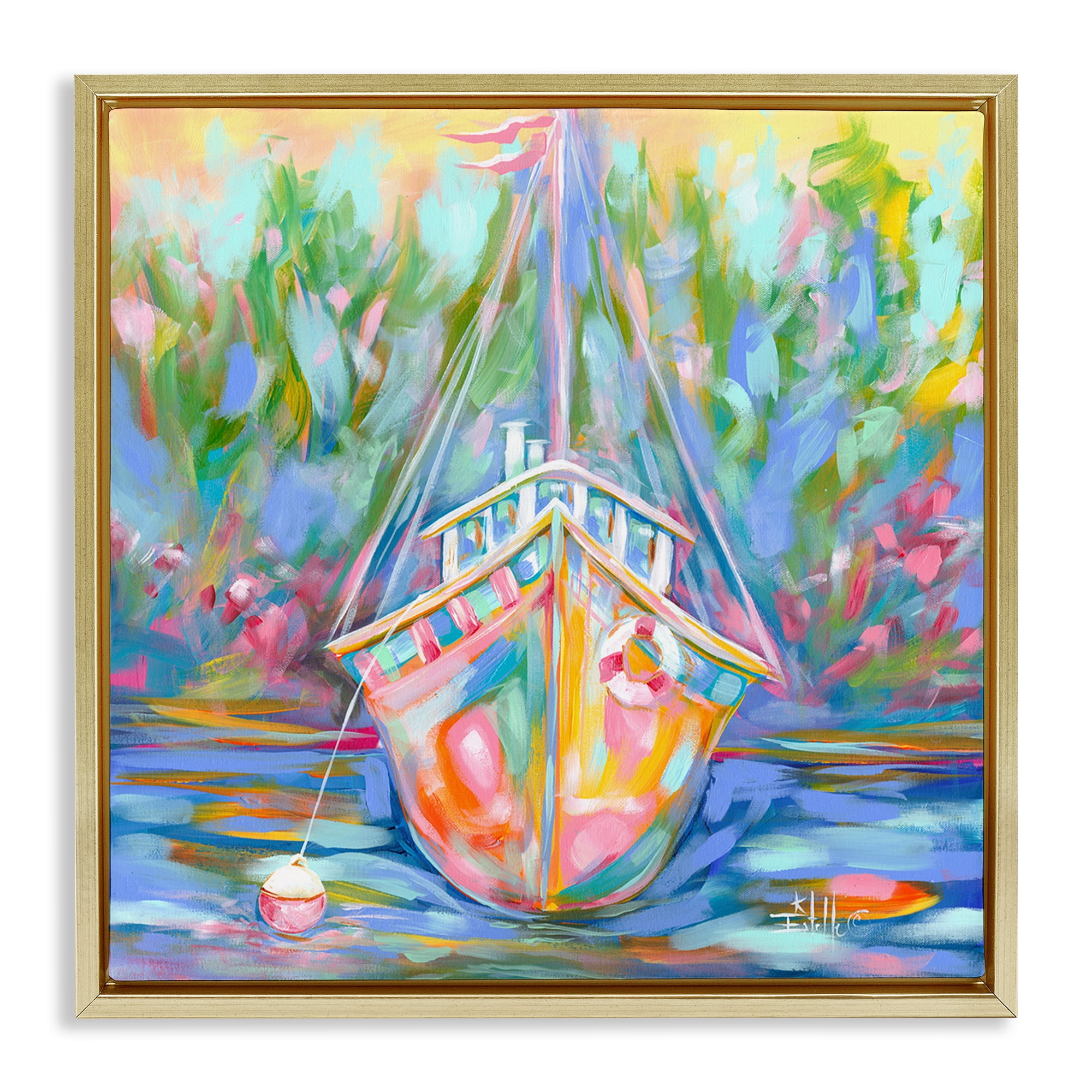 Stupell Industries Boat In Waiting Transportation Painting Gold Floater Framed Canvas Art Print Wall Art, 25 x 25