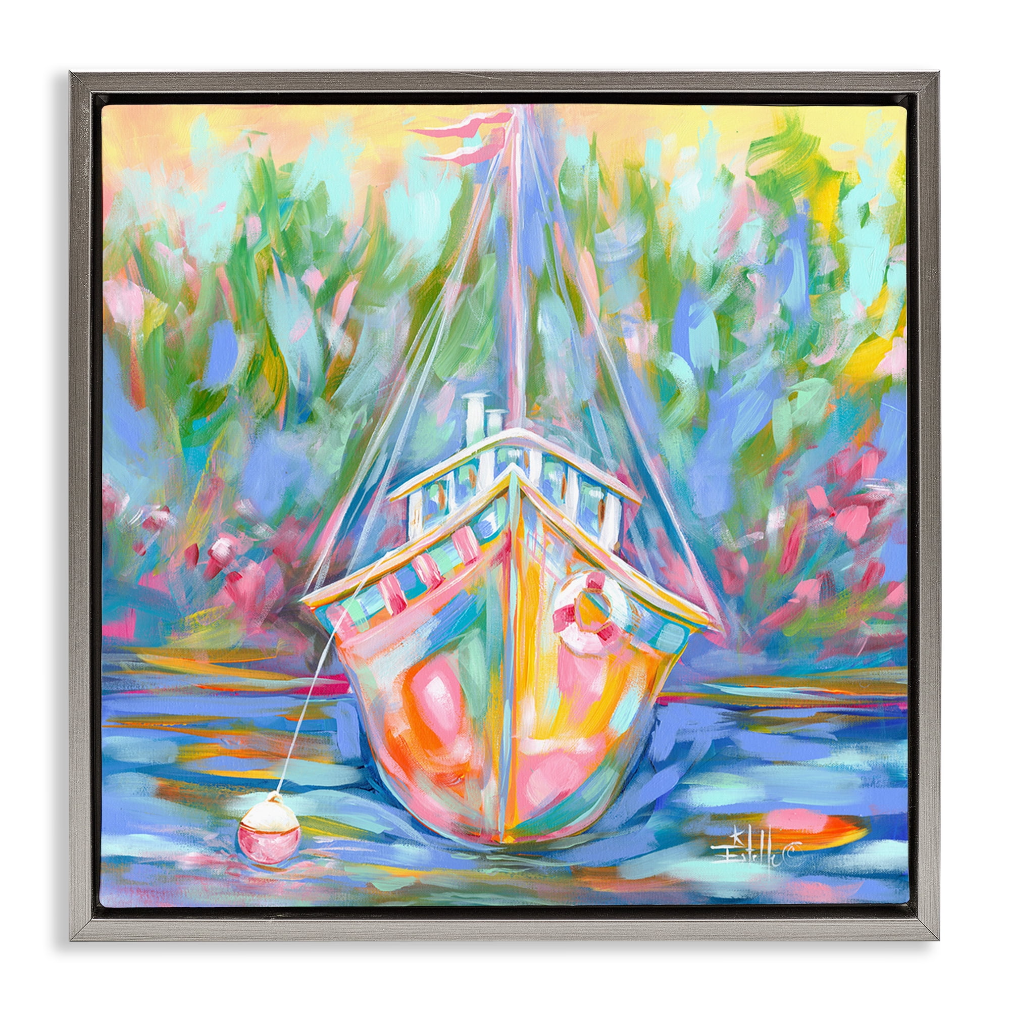 Stupell Industries Boat In Waiting Transportation Painting Gray Floater Framed Canvas Art Print Wall Art, 25 x 25