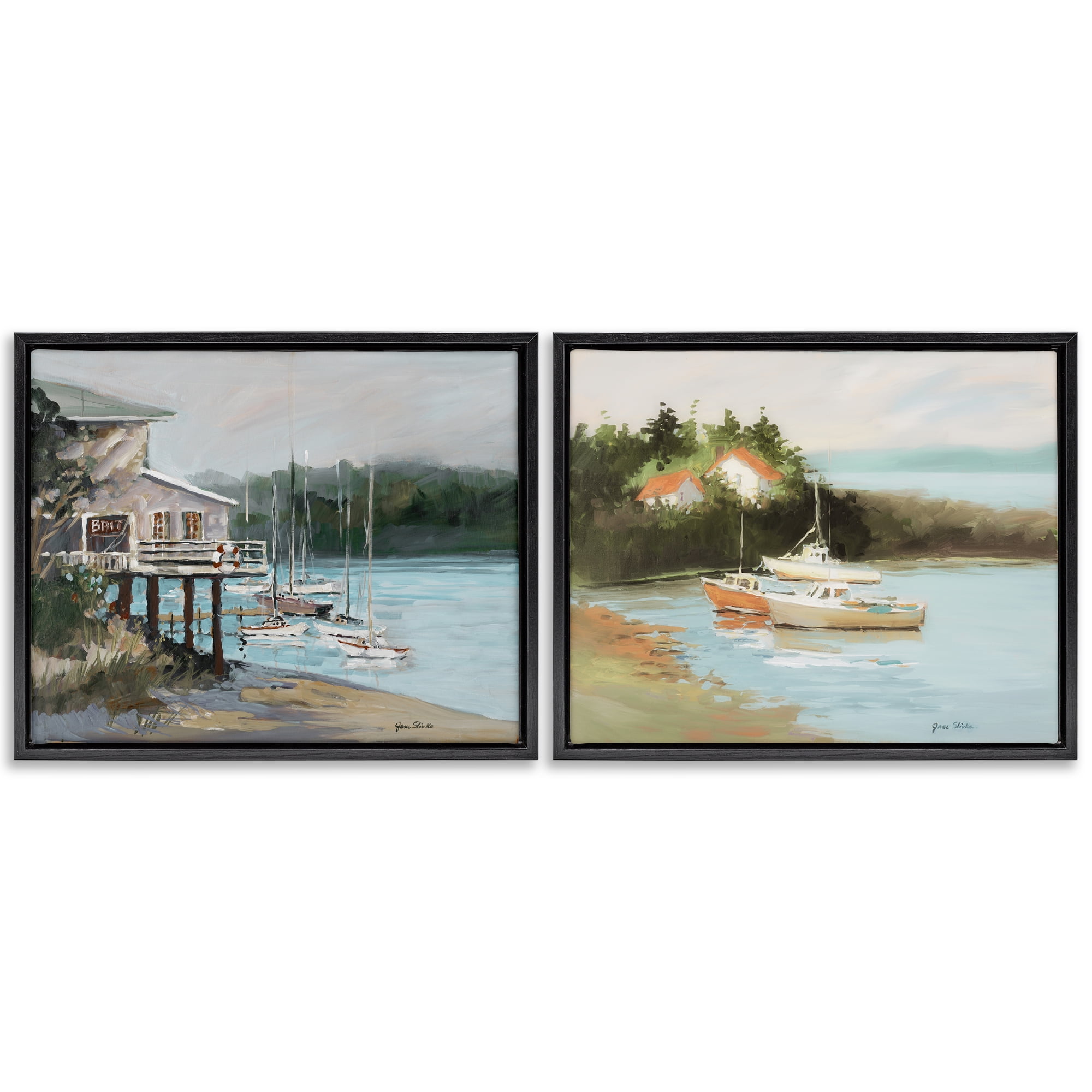 Stupell Industries Boat Lakeshore Landscape Landscape & Nature Painting Black Floater Framed Canvas Art Print Wall Art, 21 x 17, Set of 2