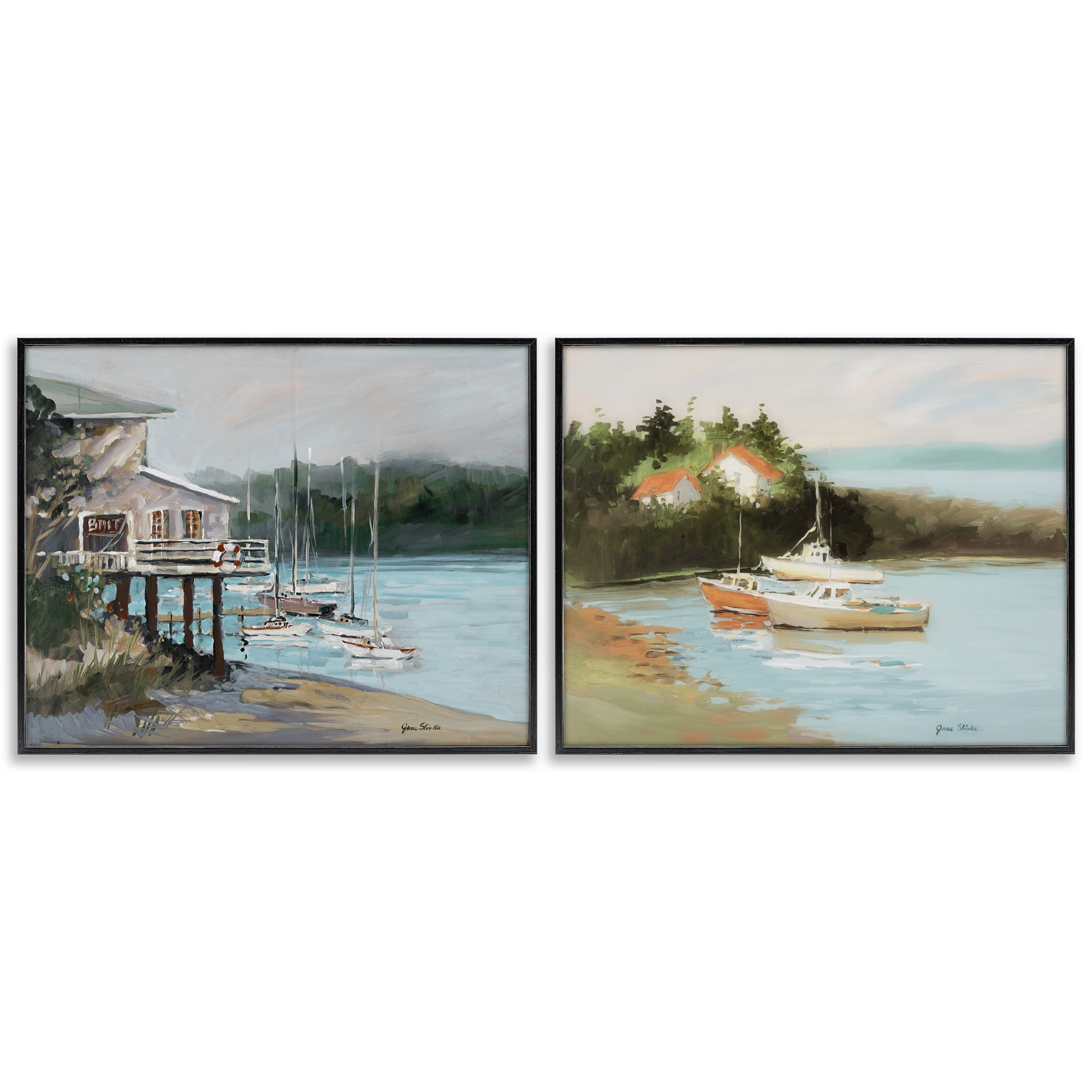 Stupell Industries Boat Lakeshore Landscape Landscape & Nature Painting Black Framed Art Print Wall Art, 20 x 16, Set of 2