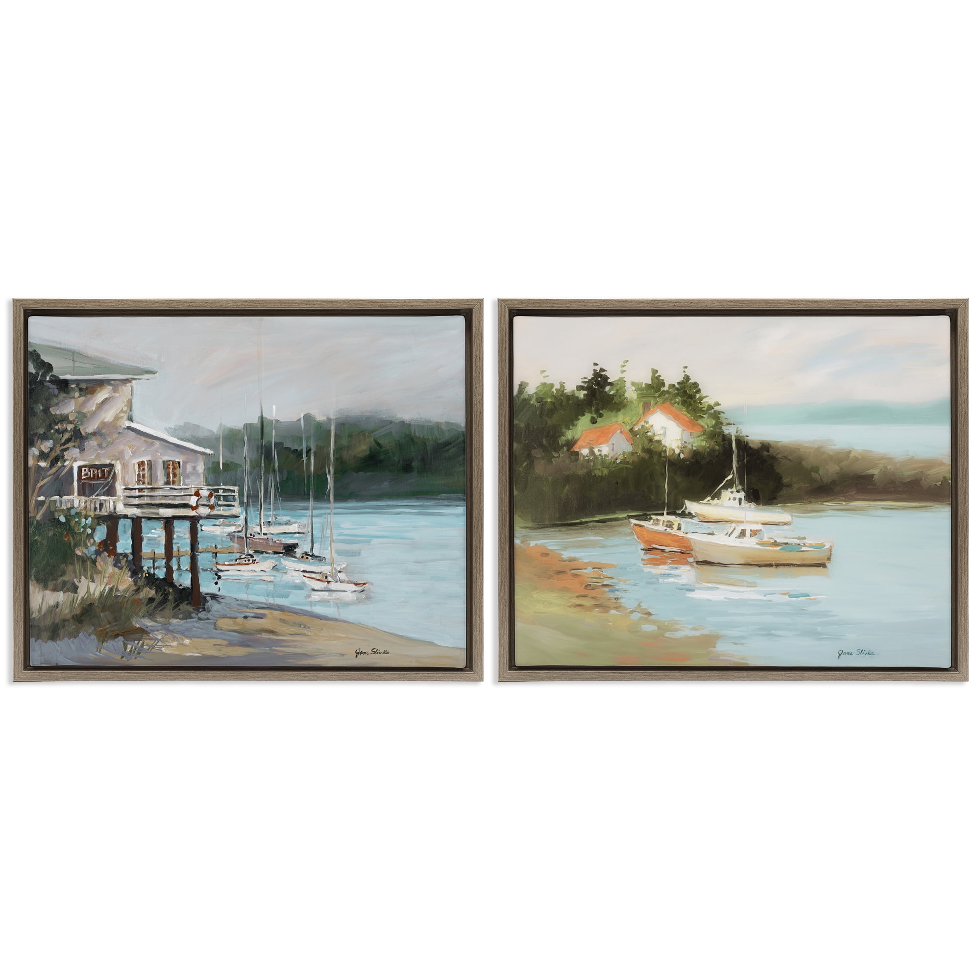 Stupell Industries Boat Lakeshore Landscape Landscape & Nature Painting Brown Floater Framed Canvas Art Print Wall Art, 31 x 25, Set of 2