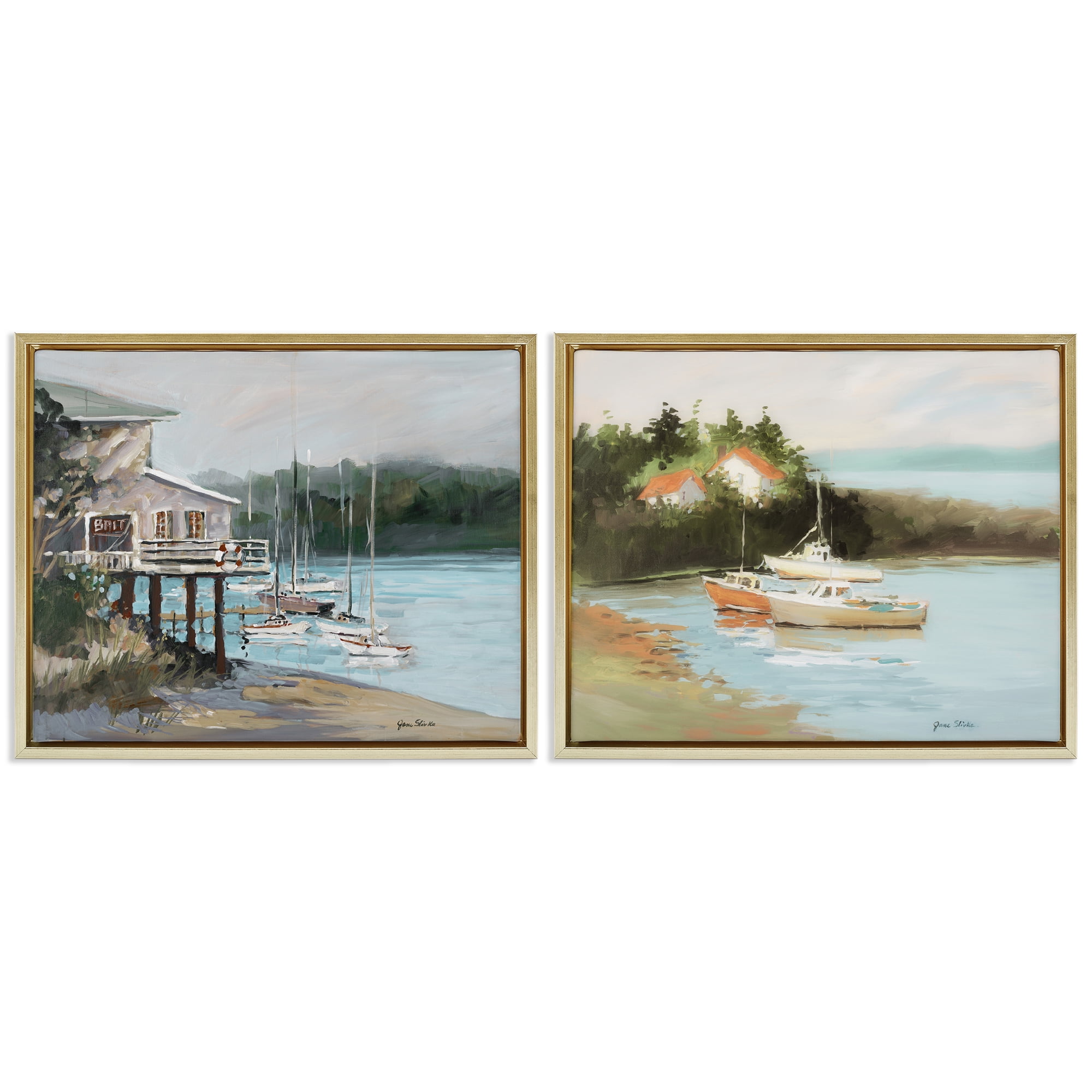 Stupell Industries Boat Lakeshore Landscape Landscape & Nature Painting Gold Floater Framed Canvas Art Print Wall Art, 31 x 25, Set of 2