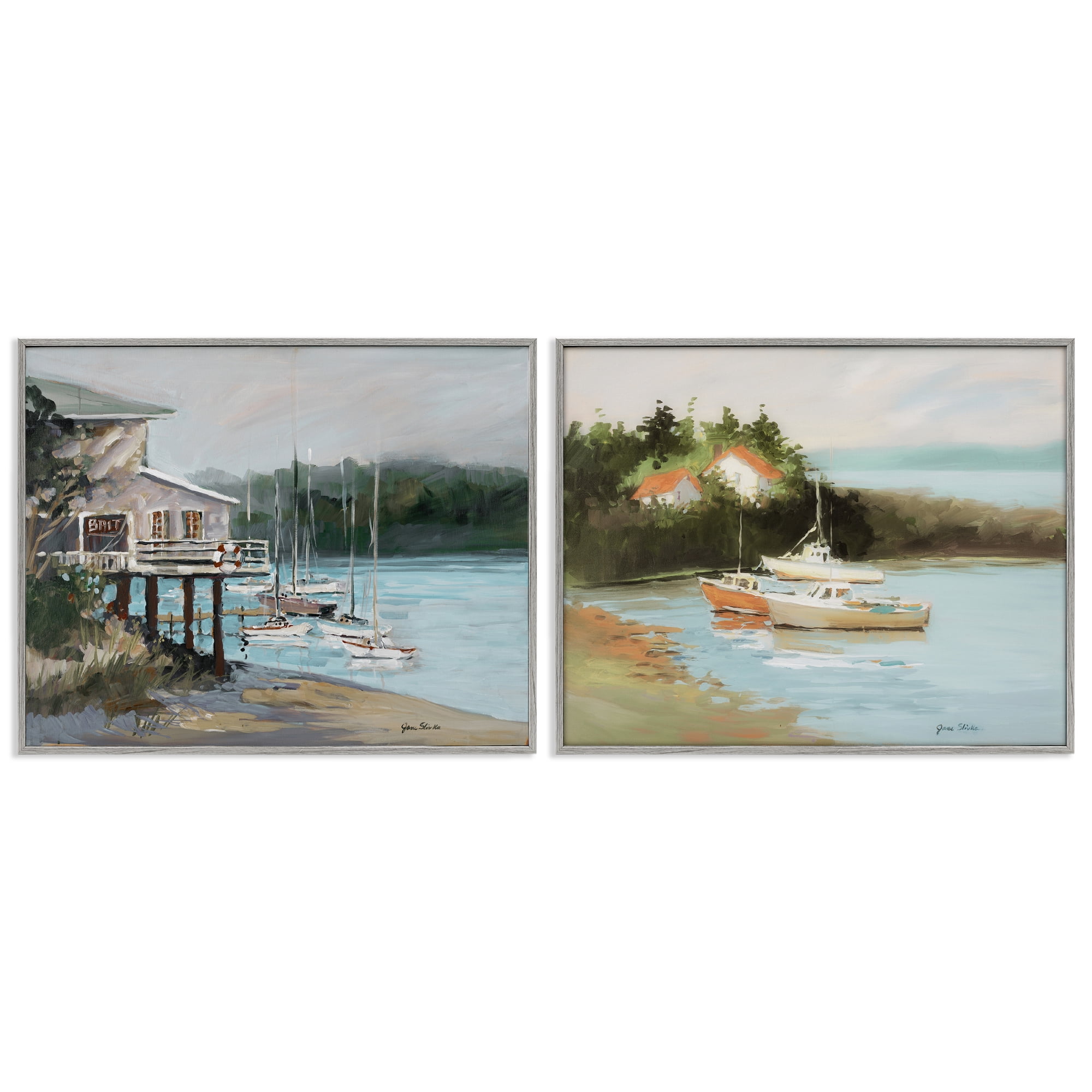 Stupell Industries Boat Lakeshore Landscape Landscape & Nature Painting Gray Framed Art Print Wall Art, 20 x 16, Set of 2