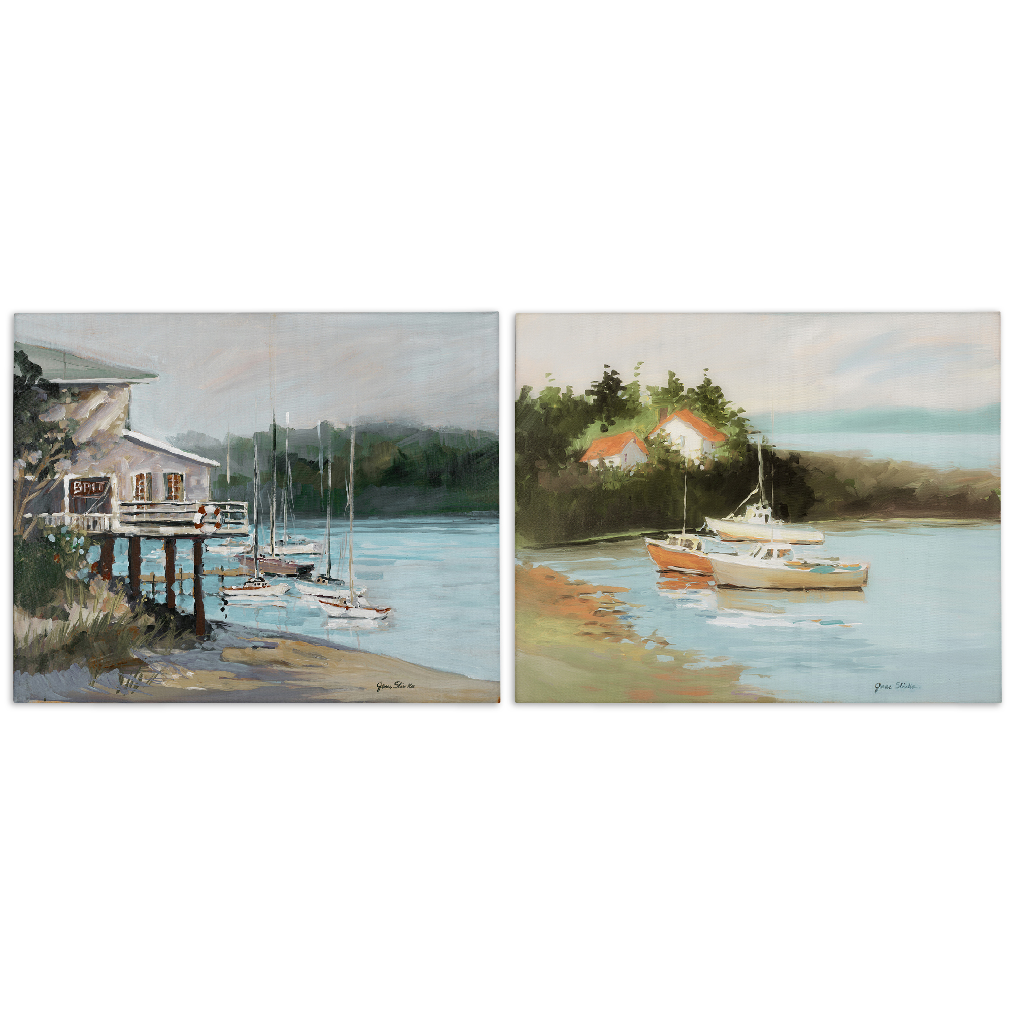 Stupell Industries Boat Lakeshore Landscape Landscape & Nature Painting Wrapped Canvas Art Print Wall Art, 20 x 16, Set of 2
