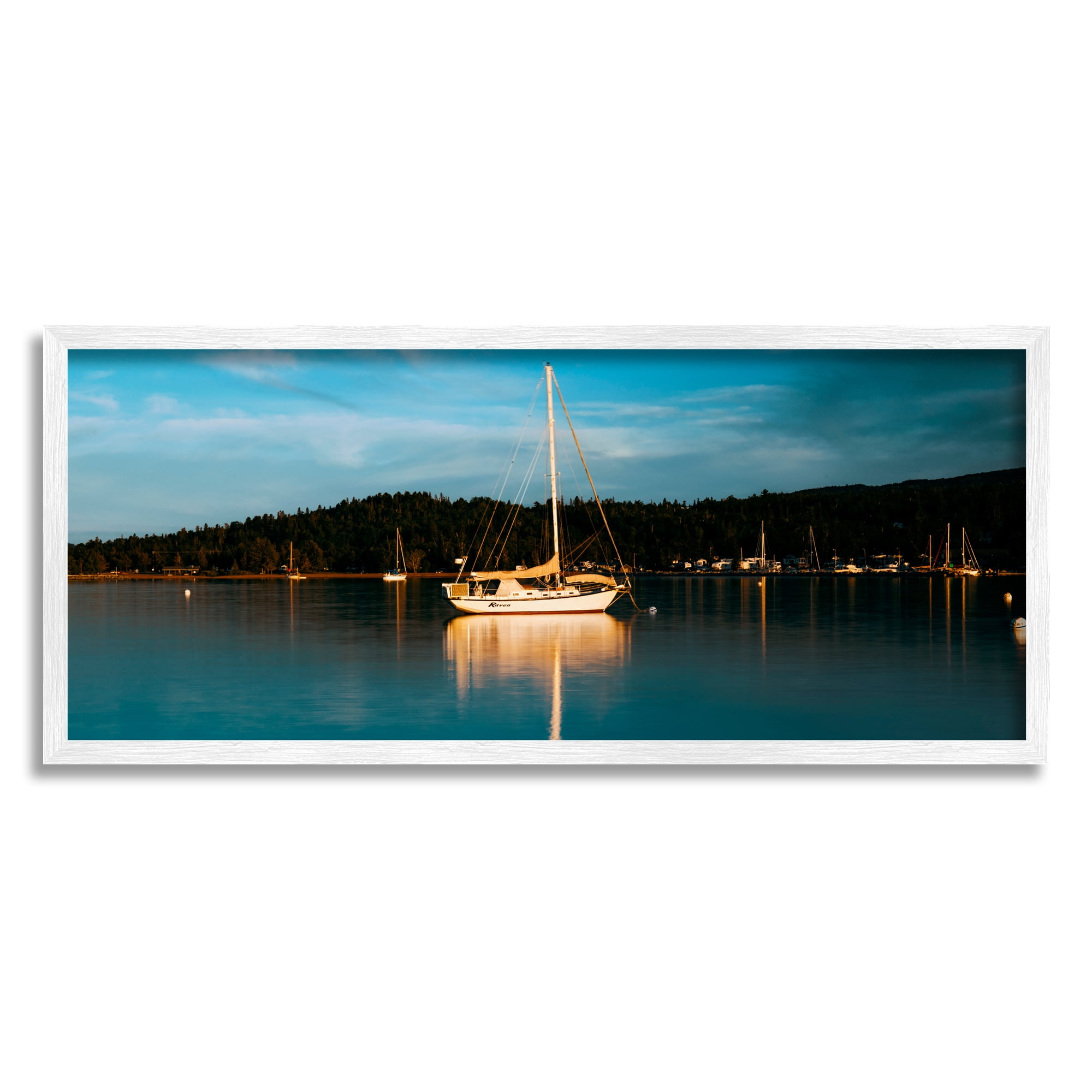 Stupell Industries Boat Lights at Night Landscape Photography White Framed Art Print Wall Art, 24 x 10