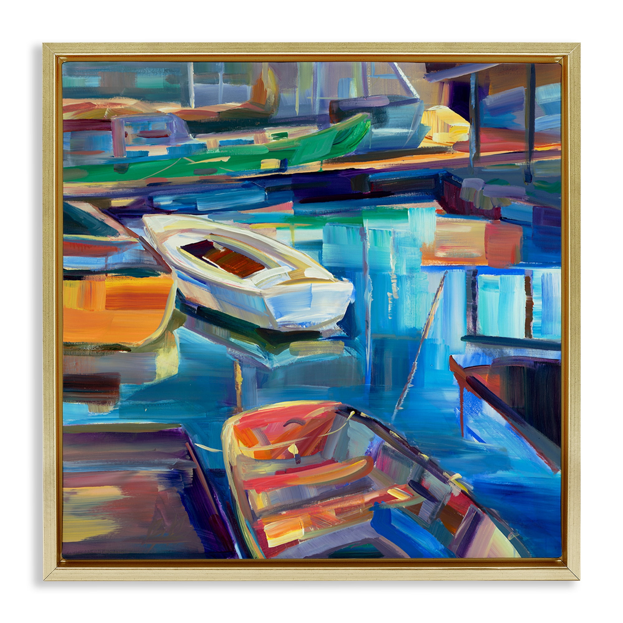 Stupell Industries Boat Marina Abstraction Transportation Painting Gold Floater Framed Canvas Art Print Wall Art, 18 x 18