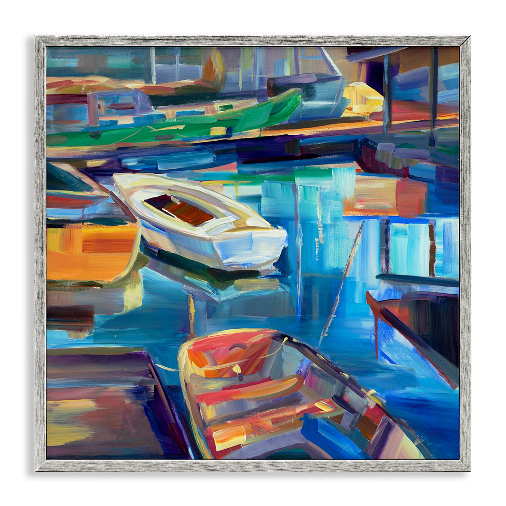 Stupell Industries Boat Marina Abstraction Transportation Painting Gray Framed Art Print Wall Art, 24 x 24