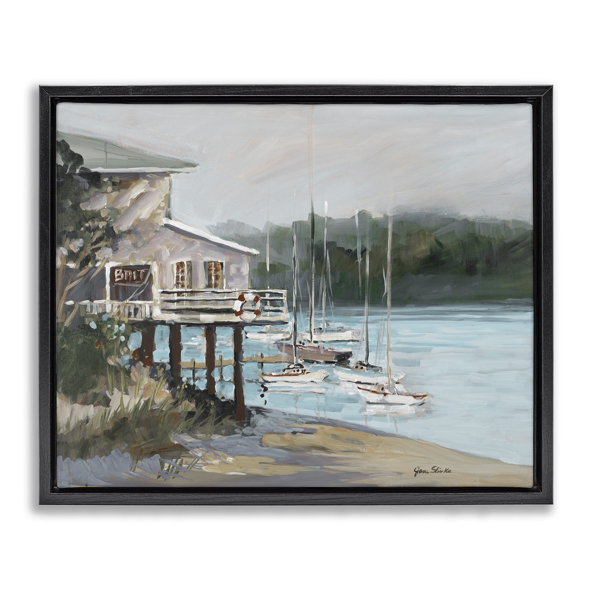 Stupell Industries Boat Marina Harbor Coastal Painting Black Floater Framed Canvas Art Print Wall Art, 21 x 17