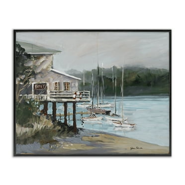 Stupell Industries Boat Marina Harbor Coastal Painting Black Framed Art Print Wall Art, 14 x 11