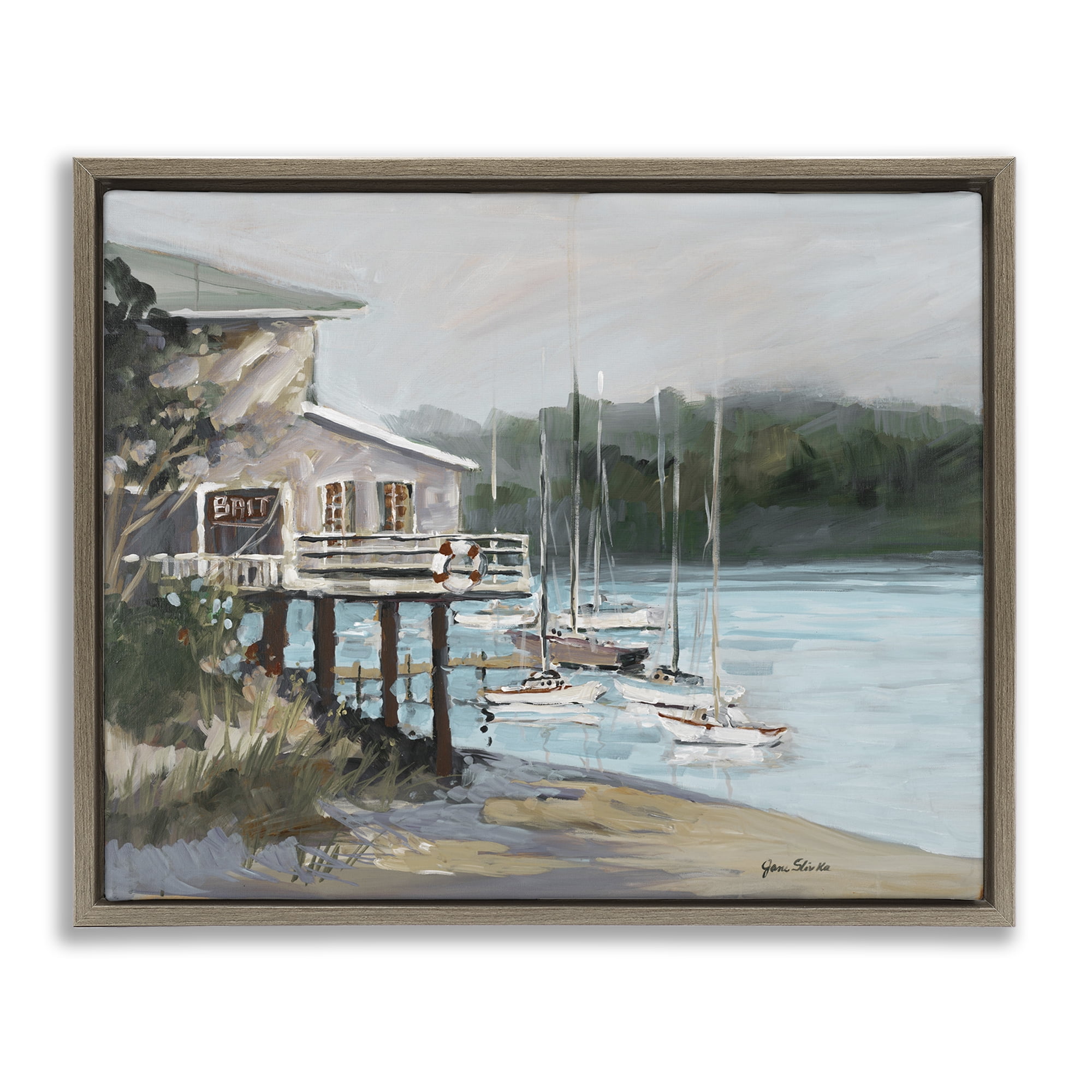 Stupell Industries Boat Marina Harbor Coastal Painting Brown Floater Framed Canvas Art Print Wall Art, 31 x 25