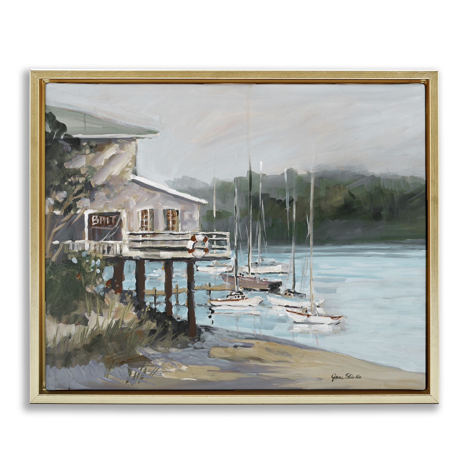 Stupell Industries Boat Marina Harbor Coastal Painting Gold Floater Framed Canvas Art Print Wall Art, 21 x 17