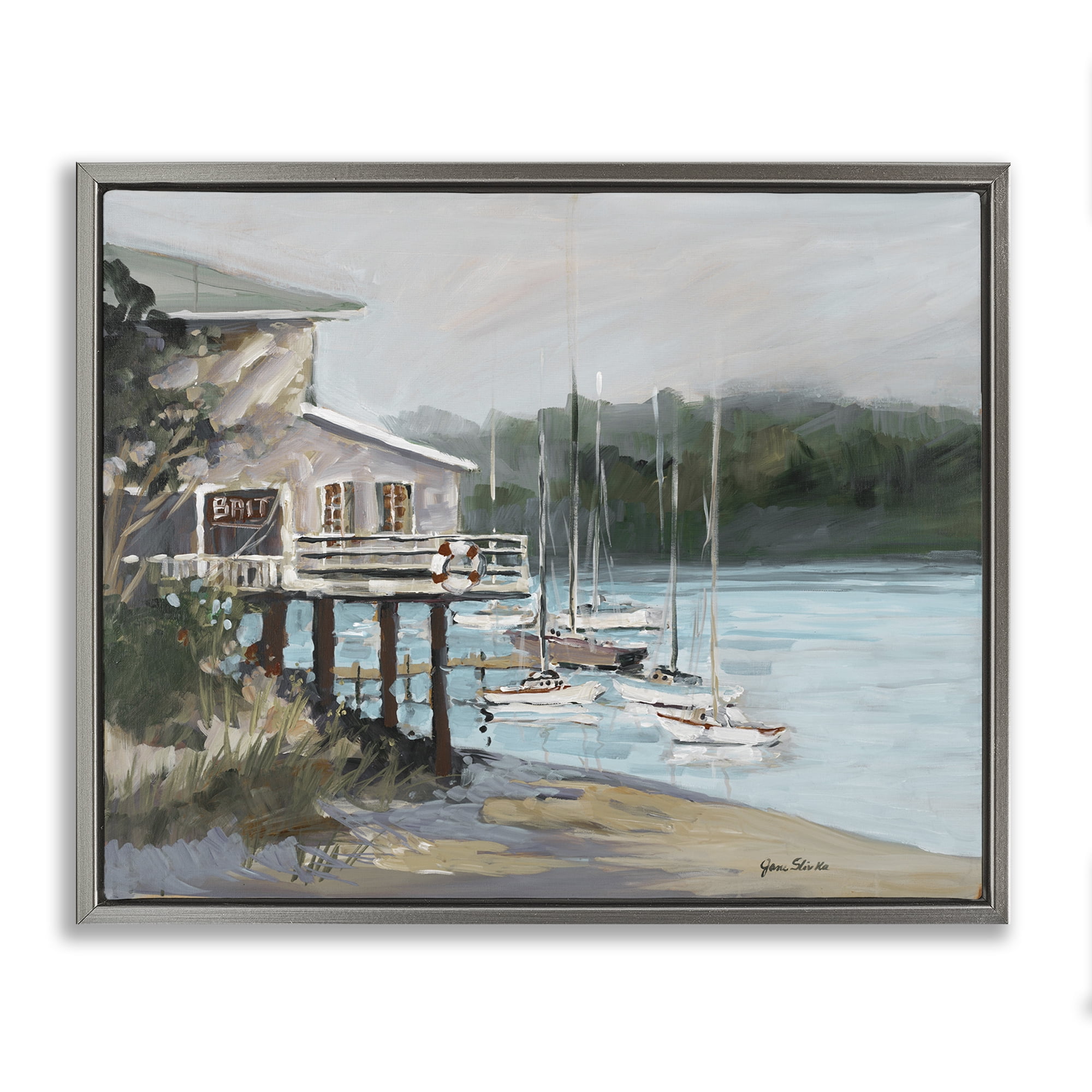 Stupell Industries Boat Marina Harbor Coastal Painting Gray Floater Framed Canvas Art Print Wall Art, 31 x 25