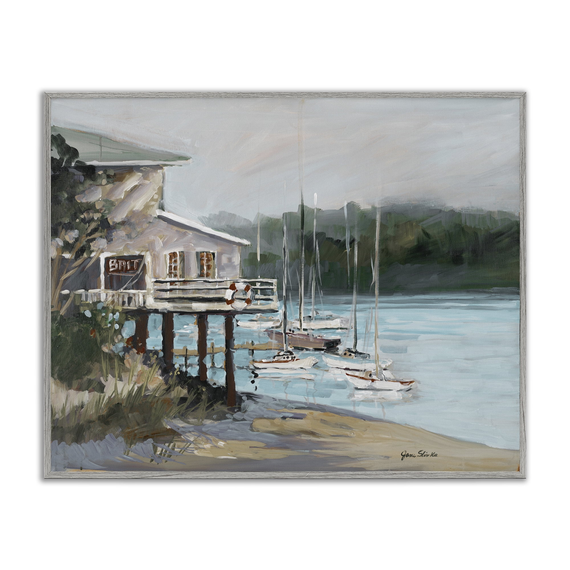 Stupell Industries Boat Marina Harbor Coastal Painting Gray Framed Art Print Wall Art, 14 x 11