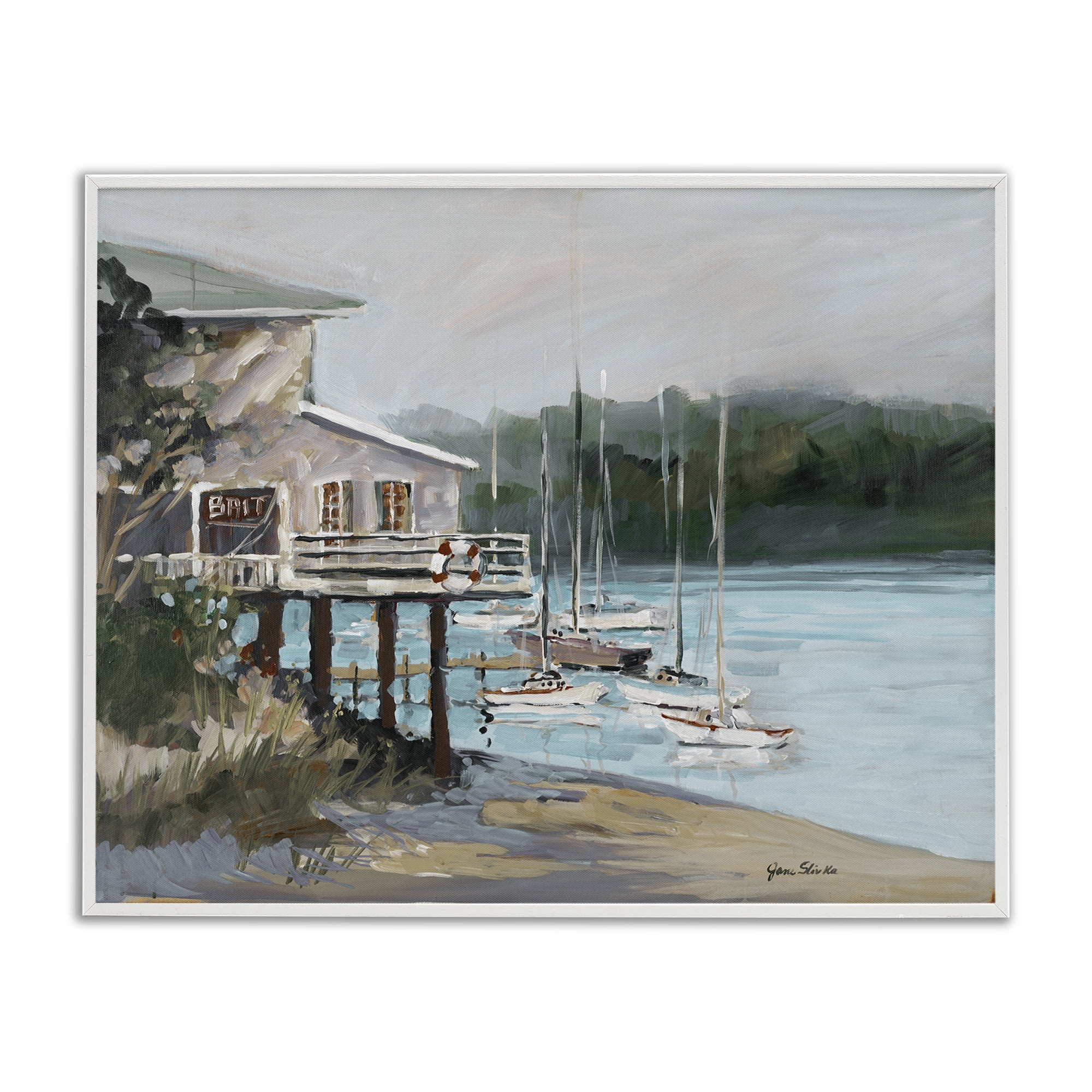 Stupell Industries Boat Marina Harbor Coastal Painting White Framed Art Print Wall Art, 20 x 16
