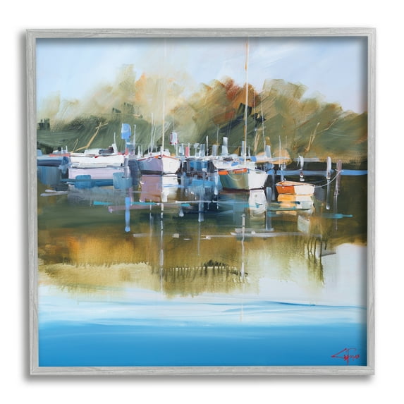 Stupell Industries Boat Marina Painting Transportation Painting Gray Framed Art Print Wall Art, 17 x 17