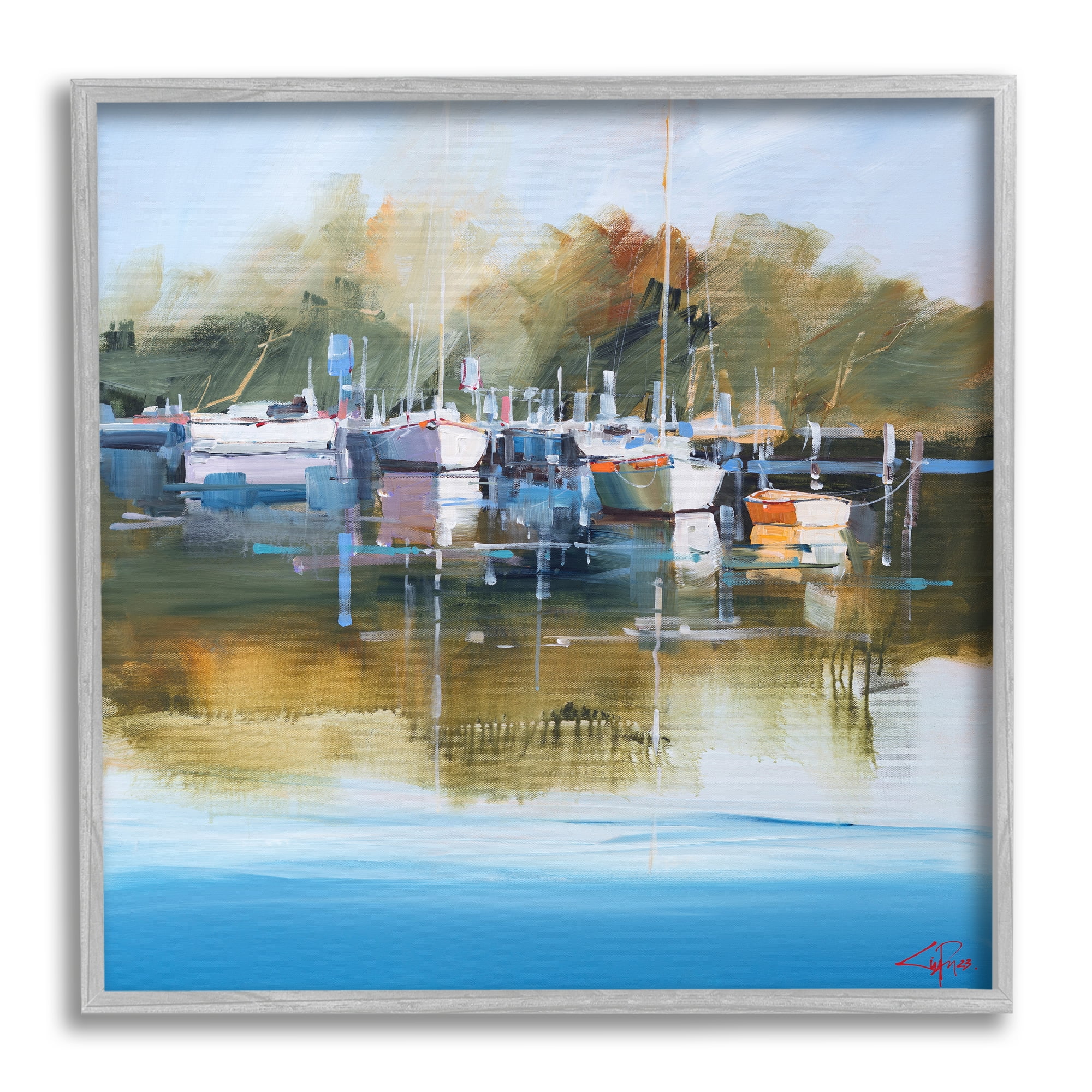 Stupell Industries Boat Marina Painting Transportation Painting Gray Framed Art Print Wall Art, 24 x 24