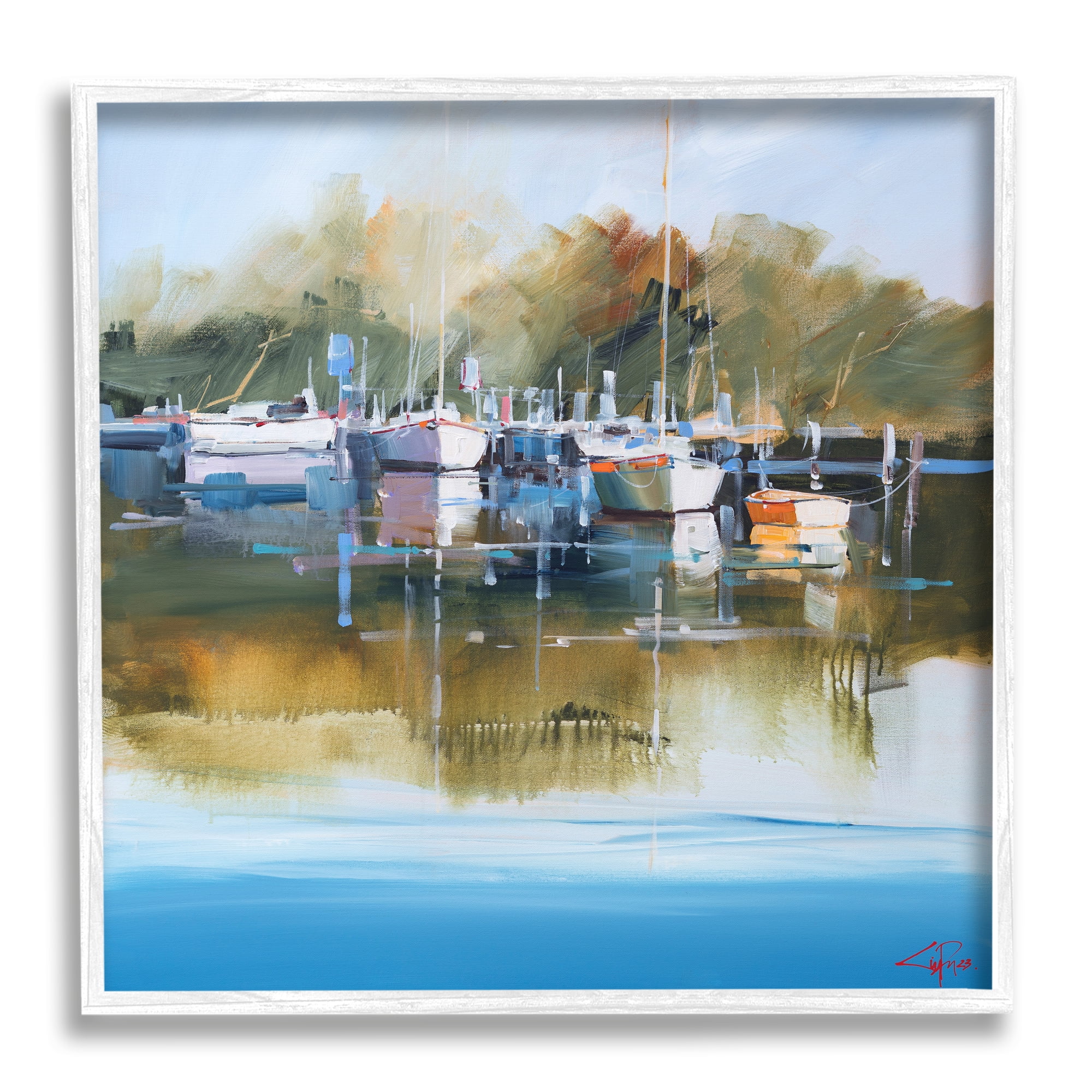 Stupell Industries Boat Marina Painting Transportation Painting White Framed Art Print Wall Art, 12 x 12