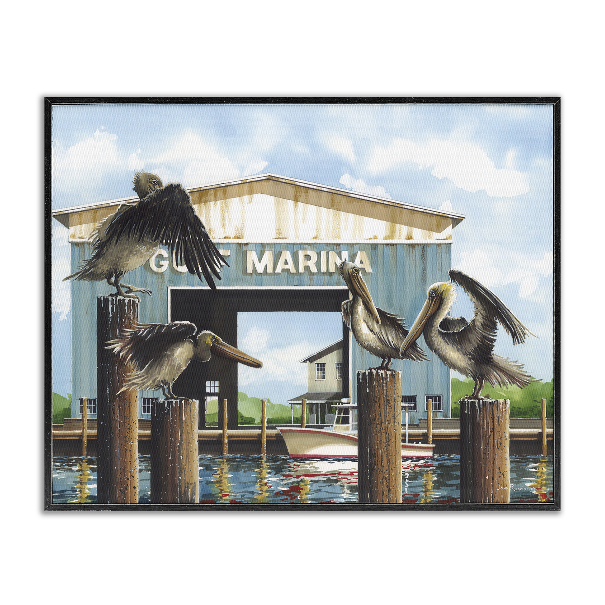 Stupell Industries Boat Marina Pelicans Nautical & Beach Painting Black Framed Art Print Wall Art, 20 x 16