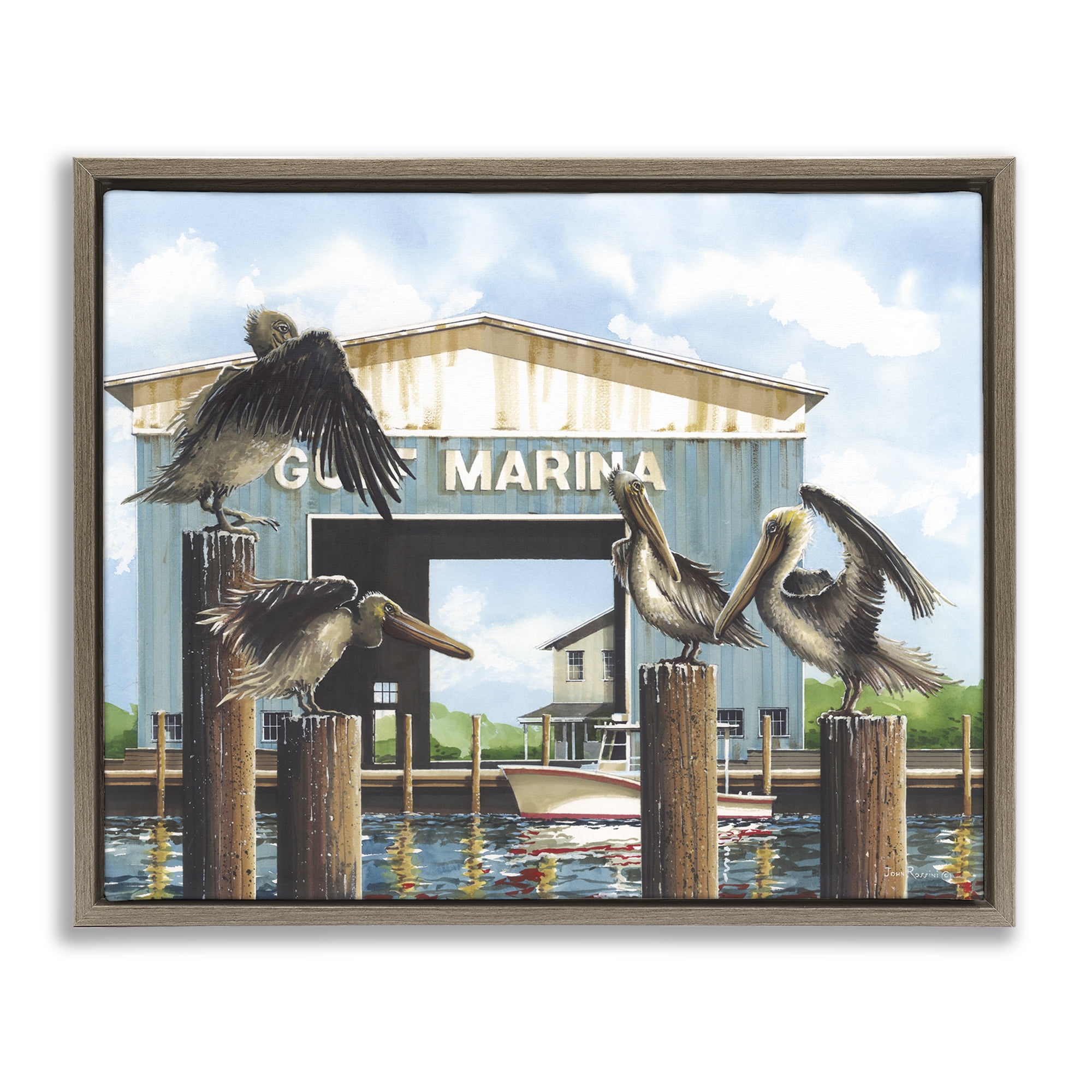 Stupell Industries Boat Marina Pelicans Nautical & Beach Painting Brown Floater Framed Canvas Art Print Wall Art, 31 x 25