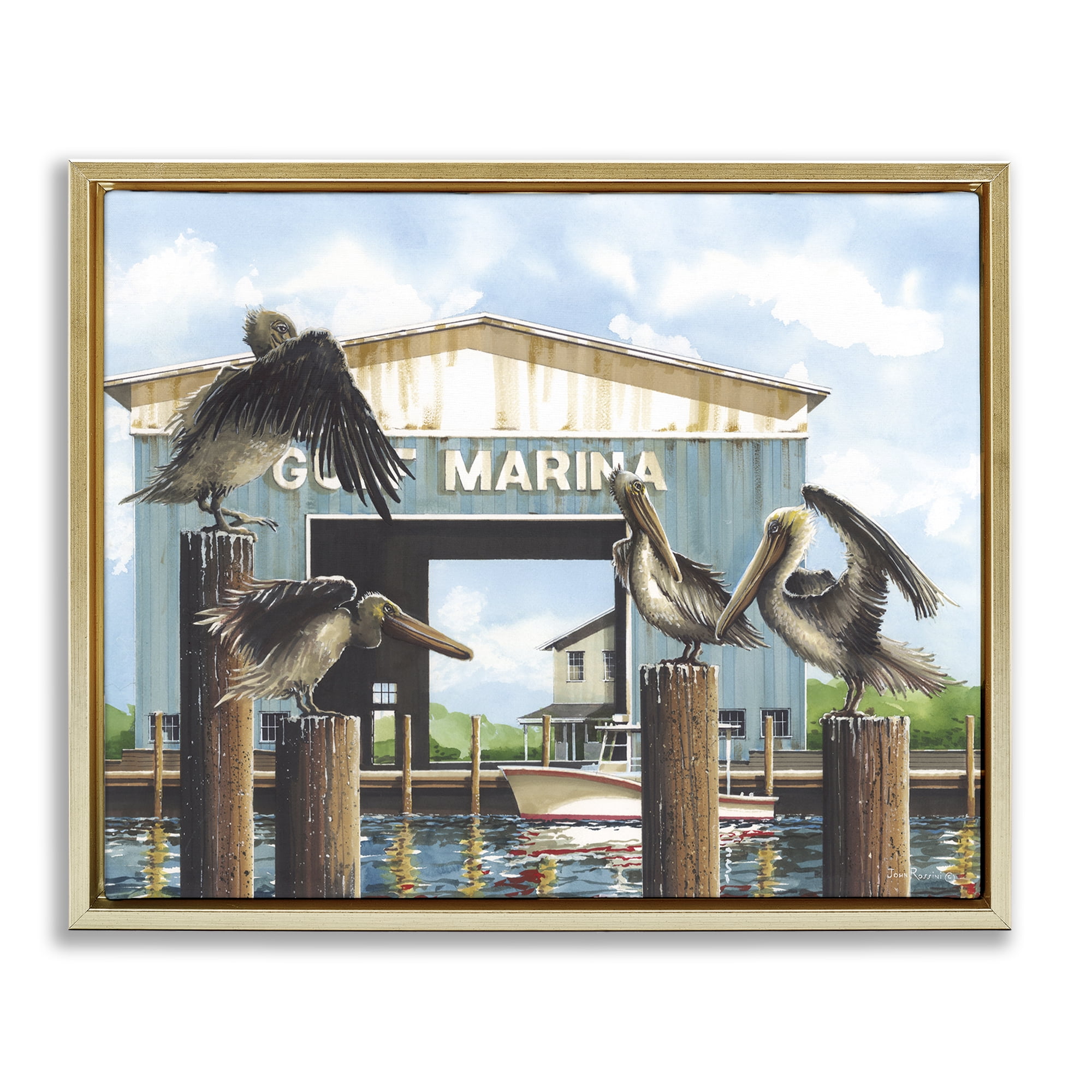 Stupell Industries Boat Marina Pelicans Nautical & Beach Painting Gold Floater Framed Canvas Art Print Wall Art, 21 x 17