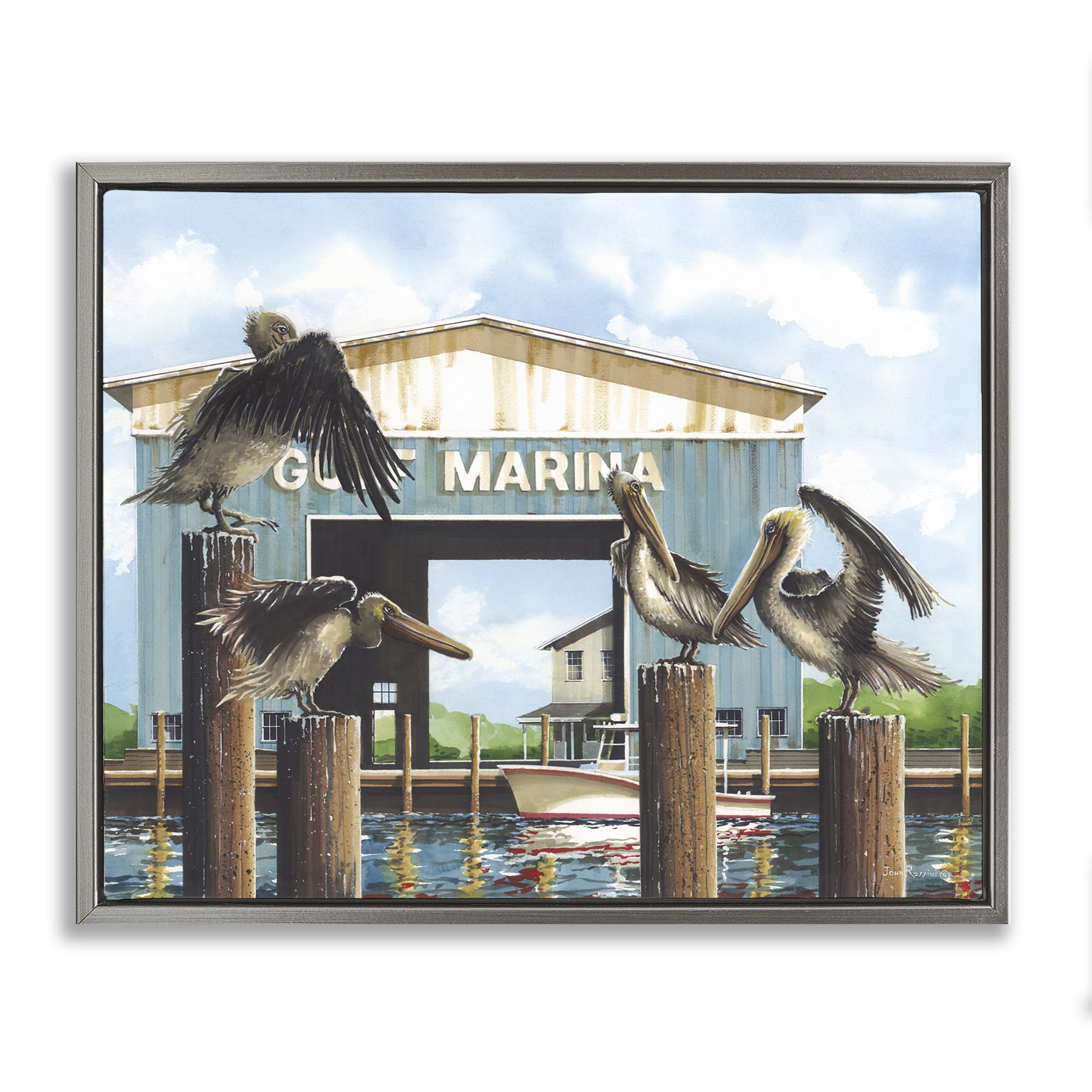 Stupell Industries Boat Marina Pelicans Nautical & Beach Painting Gray Floater Framed Canvas Art Print Wall Art, 21 x 17