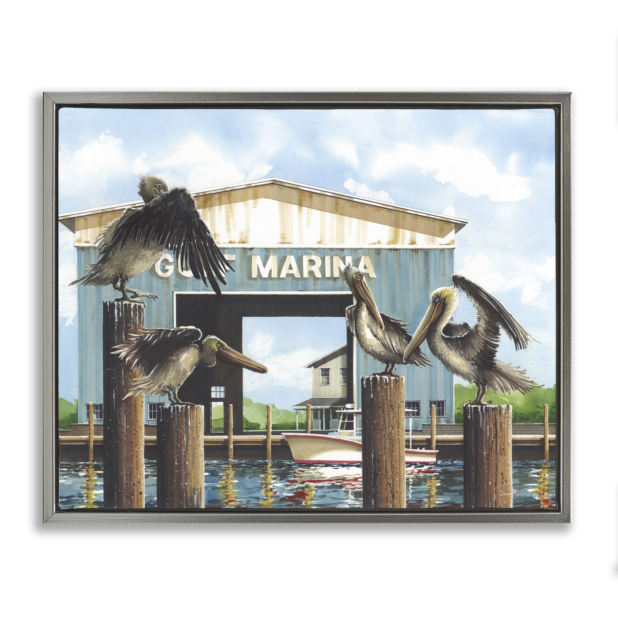 Stupell Industries Boat Marina Pelicans Nautical & Beach Painting Gray Floater Framed Canvas Art Print Wall Art, 31 x 25