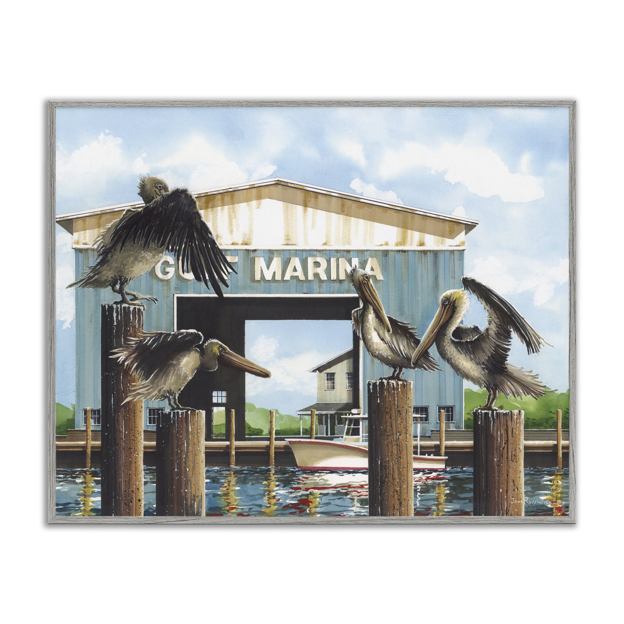 Stupell Industries Boat Marina Pelicans Nautical & Beach Painting Gray Framed Art Print Wall Art, 30 x 24