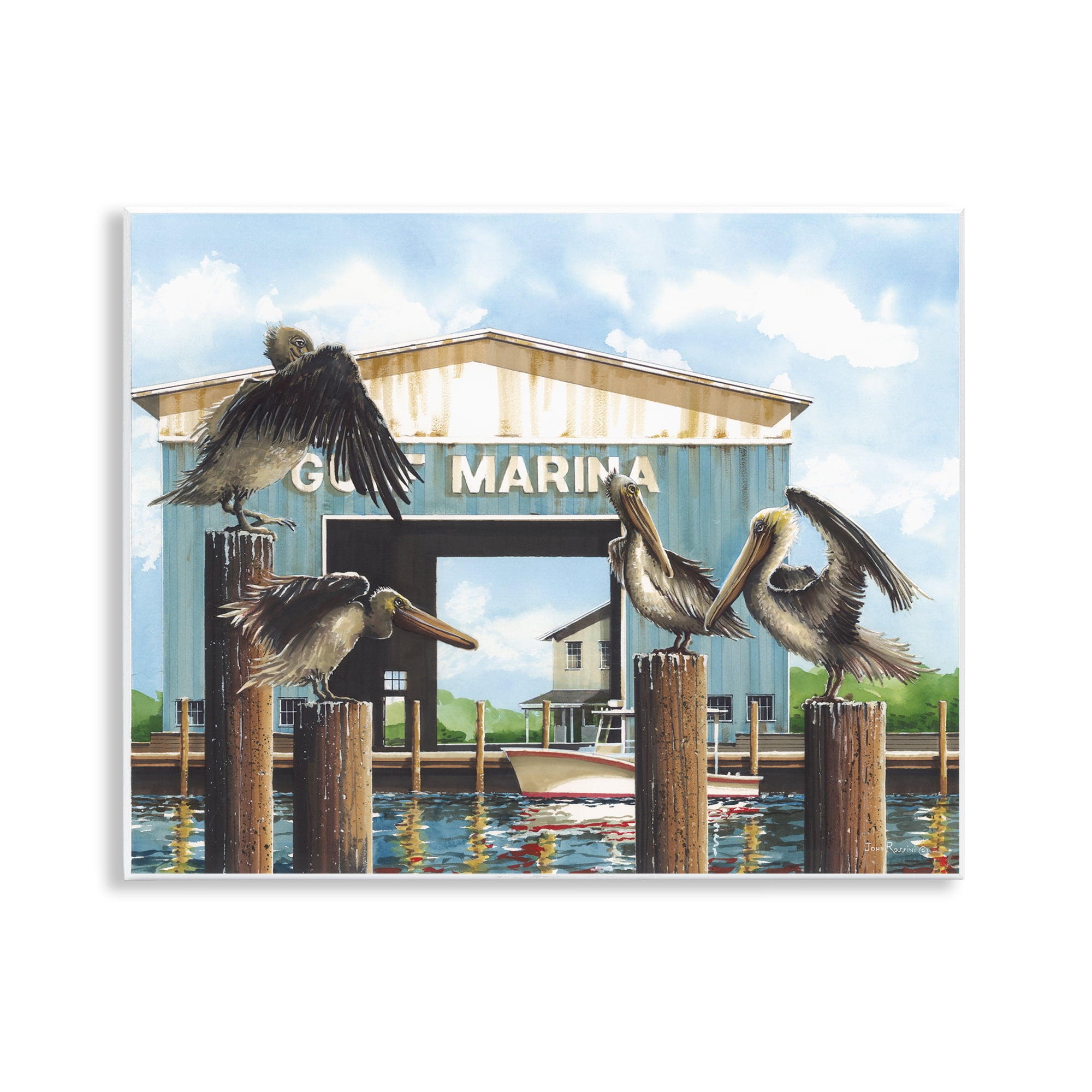 Stupell Industries Boat Marina Pelicans Nautical & Beach Painting Unframed Art Print Wall Art, 14 x 11