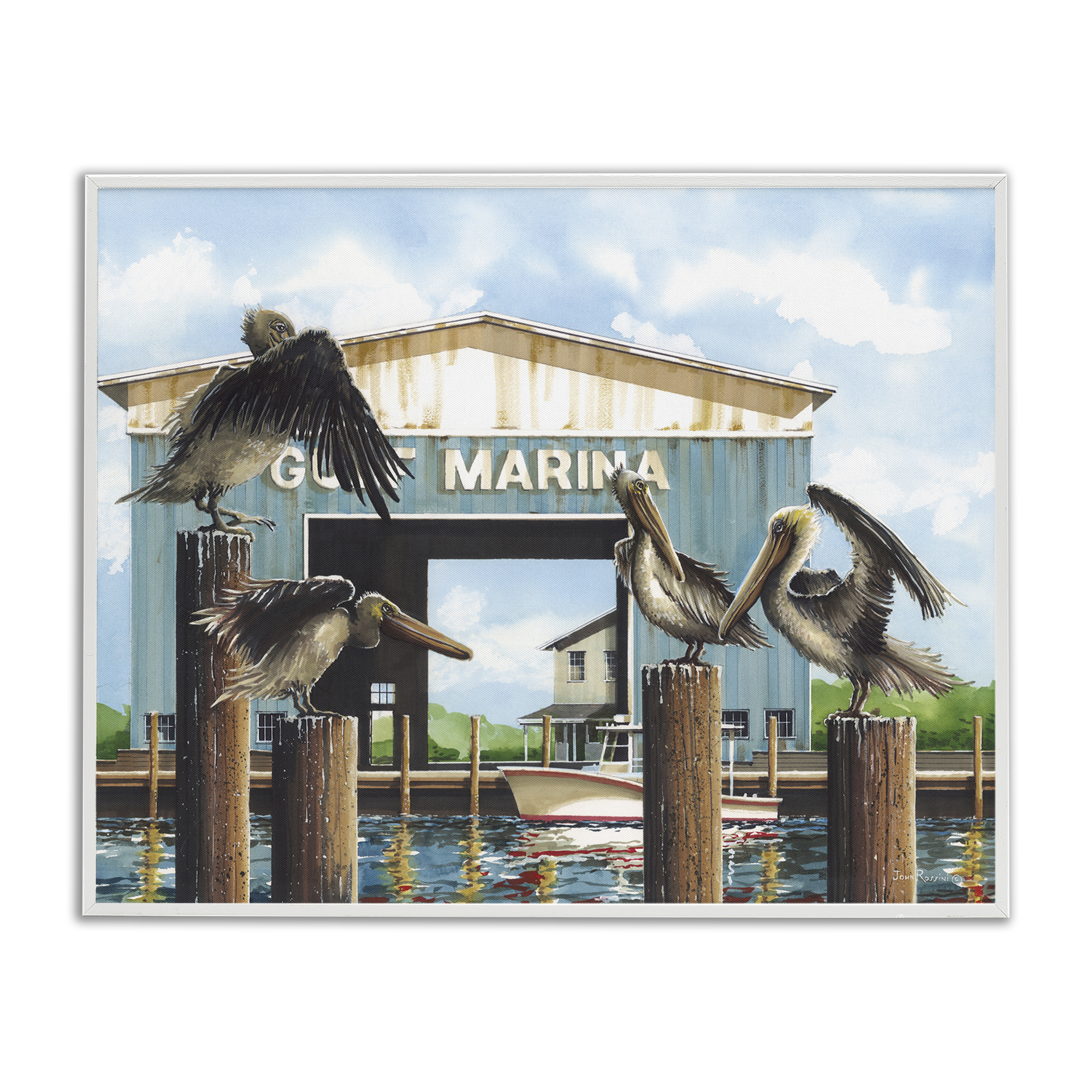 Stupell Industries Boat Marina Pelicans Nautical & Beach Painting White Framed Art Print Wall Art, 14 x 11