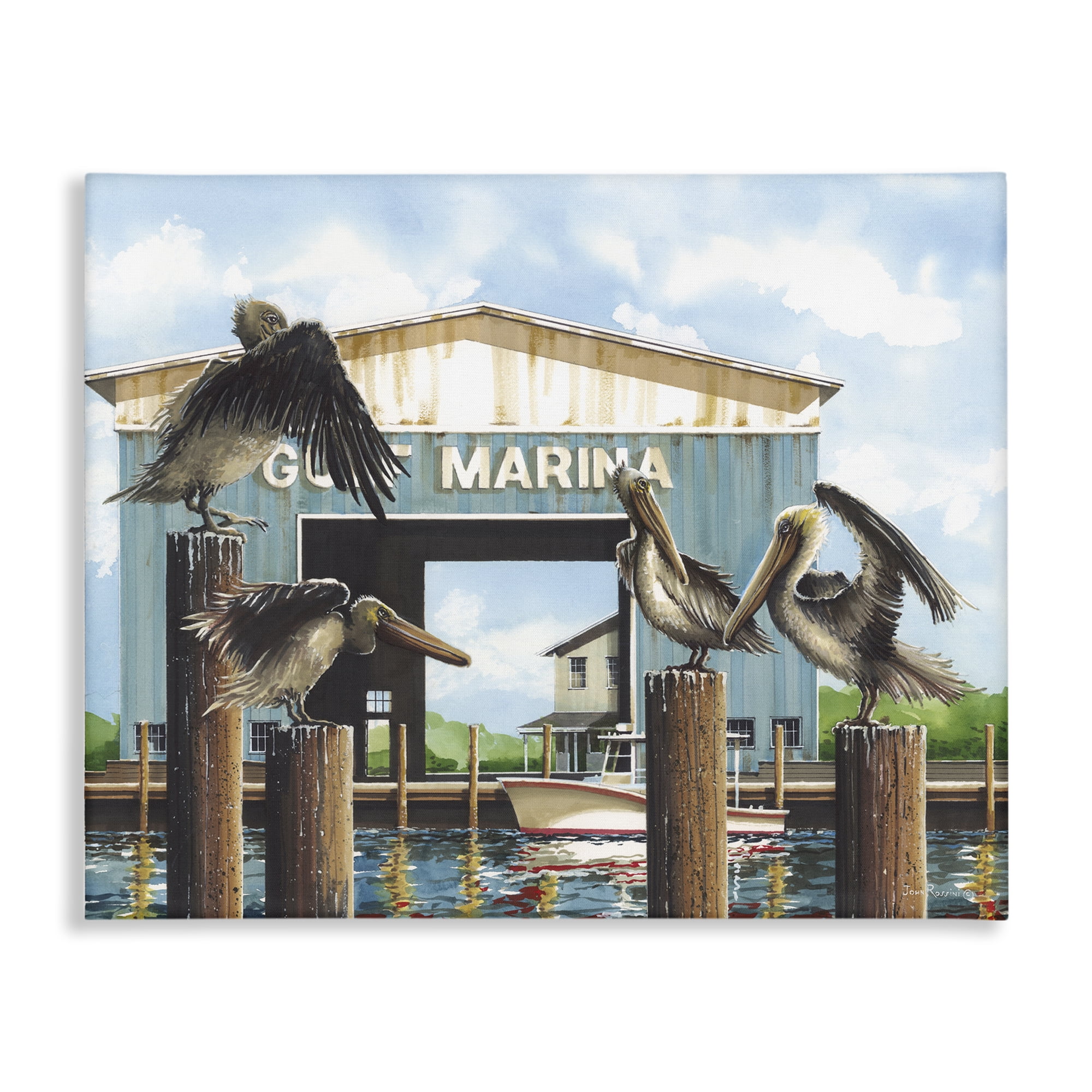 Stupell Industries Boat Marina Pelicans Nautical & Beach Painting Wrapped Canvas Art Print Wall Art, 30 x 24