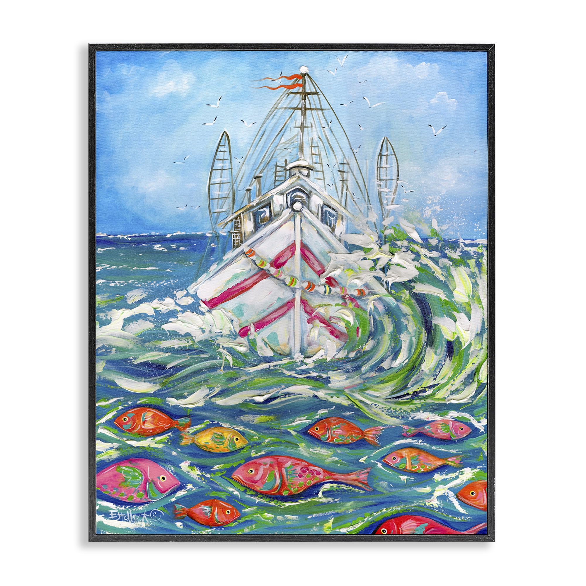 Stupell Industries Boat Net Splashing Transportation Painting Black Framed Art Print Wall Art, 11 x 14
