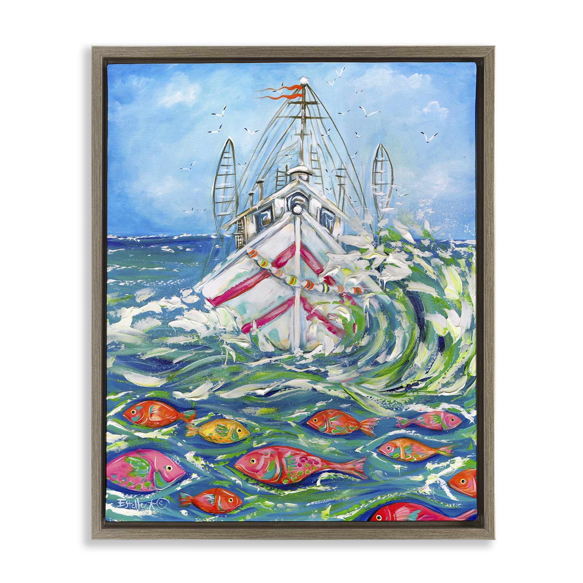 Stupell Industries Boat Net Splashing Transportation Painting Brown Floater Framed Canvas Art Print Wall Art, 25 x 31