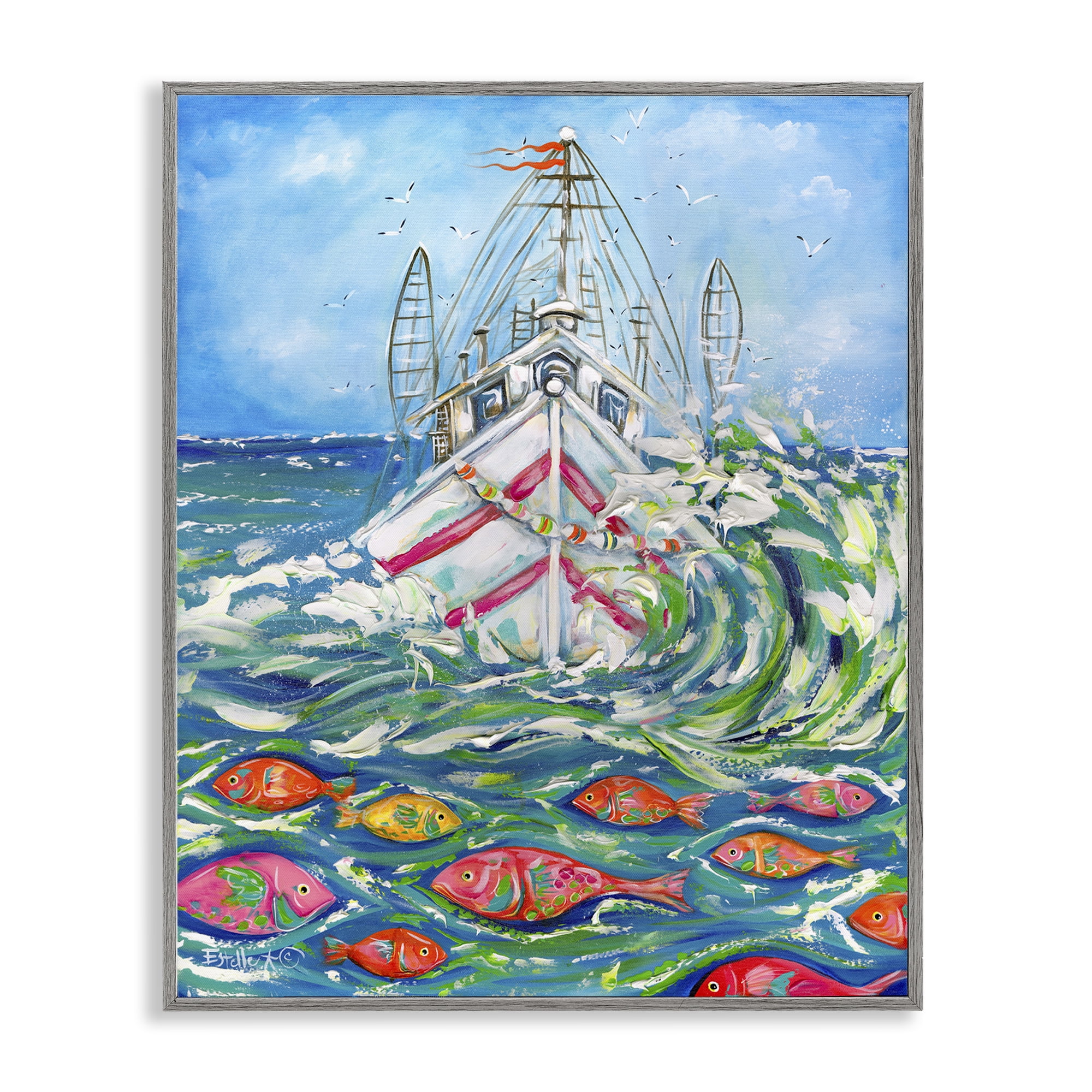 Stupell Industries Boat Net Splashing Transportation Painting Gray Framed Art Print Wall Art, 16 x 20