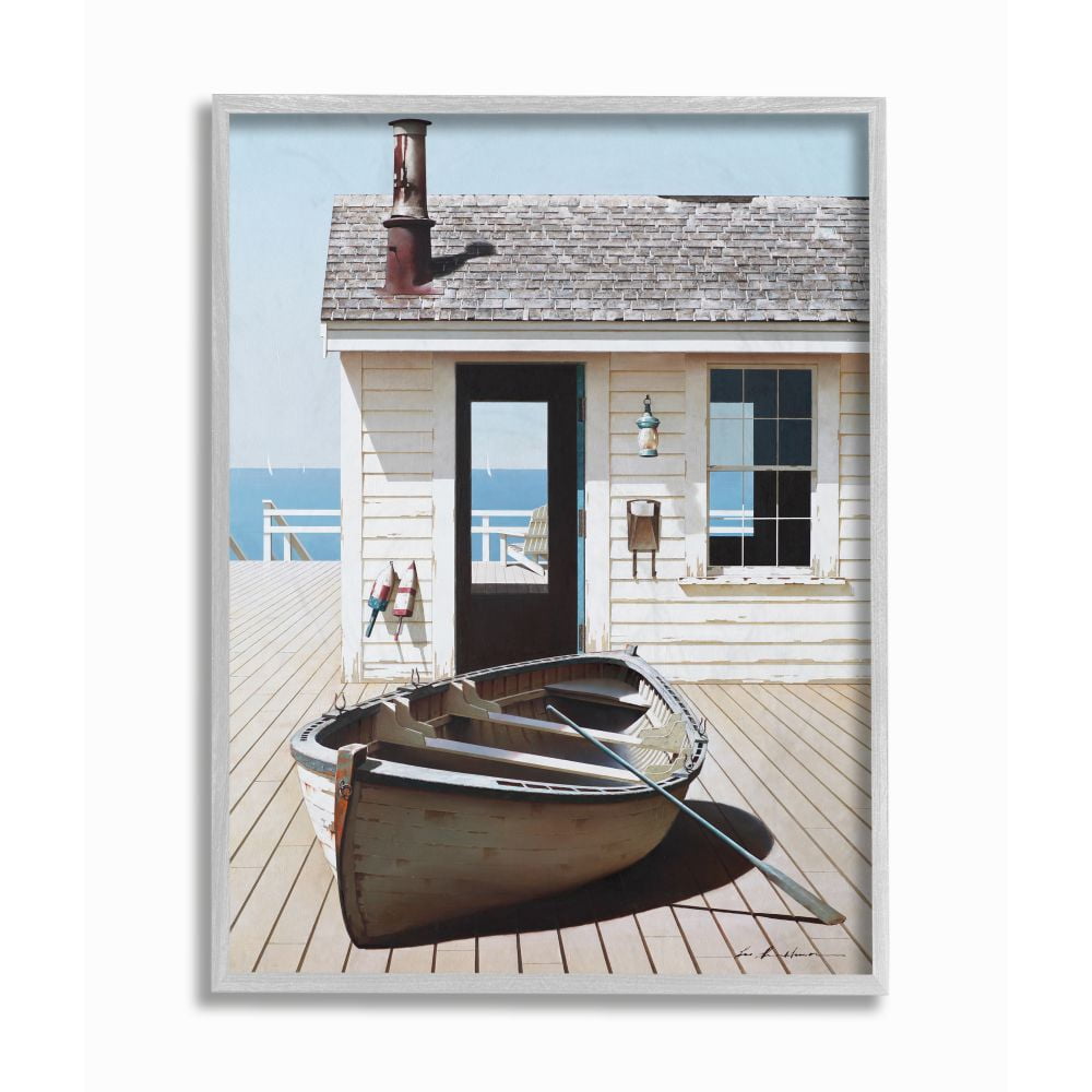 Stupell Industries Boat On Boardwalk Tranquil Coastal Boathouse Painting Framed Wall Art Design by Zhen-Huan Lu, 16" x 20", Gray Framed