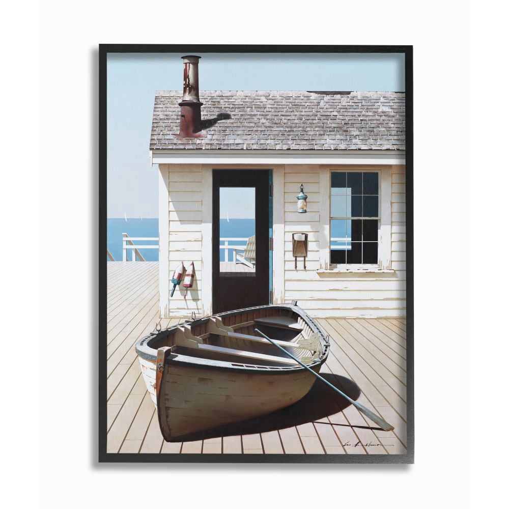 Stupell Industries Boat On Boardwalk Tranquil Coastal Boathouse Painting Framed Wall Art Design by Zhen-Huan Lu, 24" x 30", Black Framed