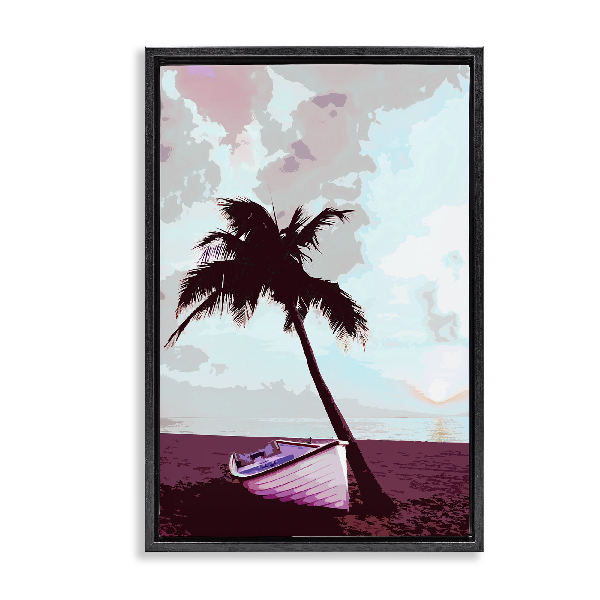 Stupell Industries Boat & Palm Tree Landscape Painting Black Floater Framed Canvas Art Print Wall Art, 21 x 31